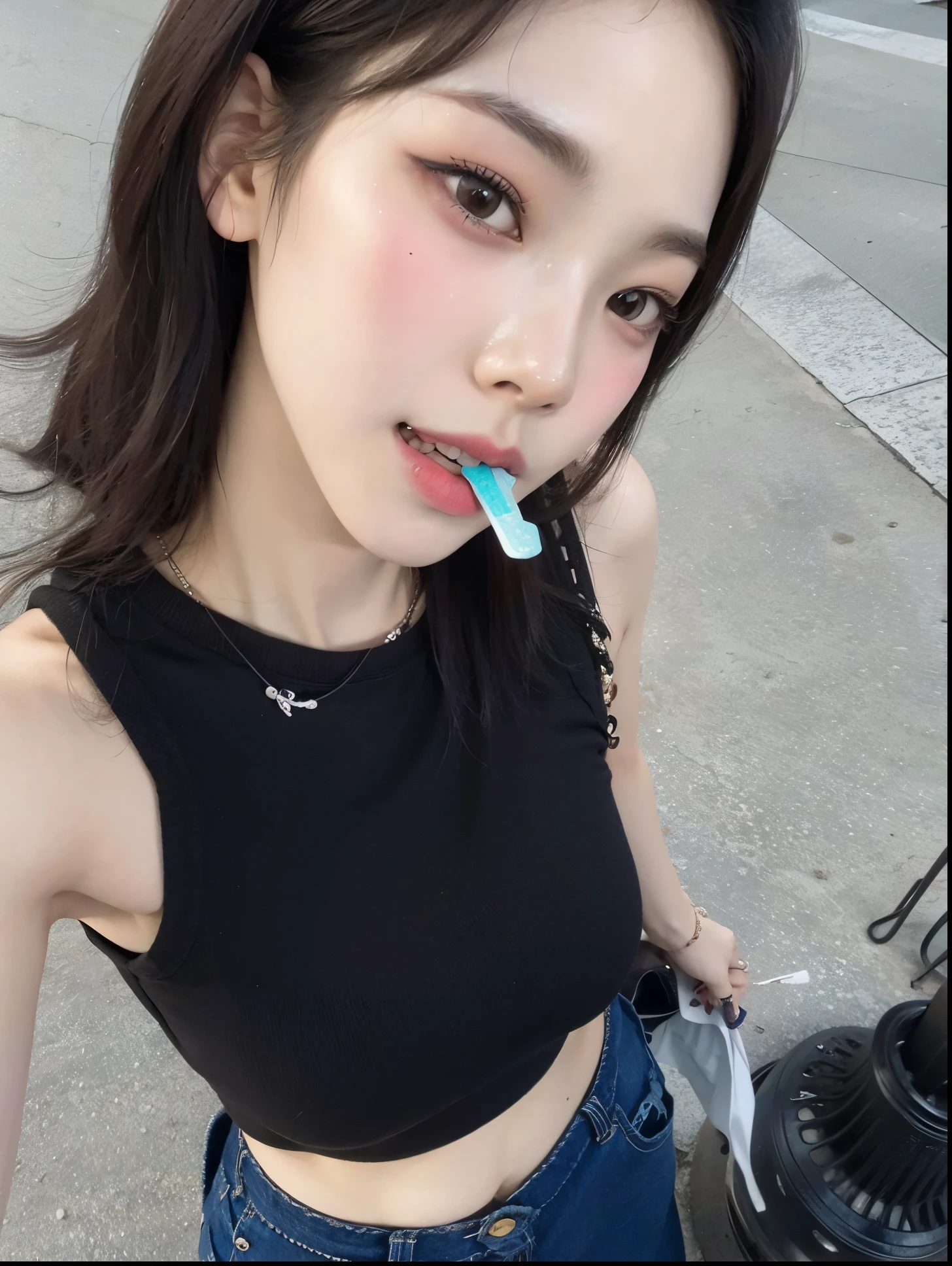 There is a woman with a toothbrush in her mouth, dilraba dilmurat, Jaeyeon Nam, Ulzzang, Xision Wu, Heonhwa Choe, Jinyoung Canela, menina coreana, TaeJune Kim, Yanjun Chengt, jossi do blackpink, Xintong Chen, Lulu Chen, linda mulher coreana jovem, 19-year-old girl