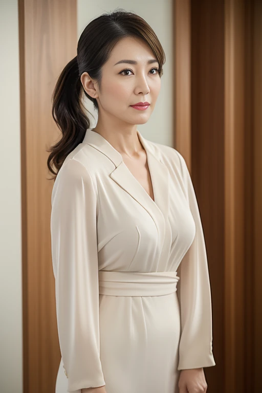masuter piece, top-quality, masterpiece, hight resolution, Photorealsitic, Raw photography, 8k wallpaper, flawless, profetional lighting, ighly detailed, depth of fields,Pale solid color background, ((Japanese mature woman in her 30s)), chubby figure, Female sexy, Detailed face, beautidful eyes, bangss, large full breasts, poneyTail, Faint lips, ((stand facing the center of the screen, Staring at the viewer, Serious face)),Business Wear, foot out of frame, Looking at Viewer, Cowboy shot waiting for the start