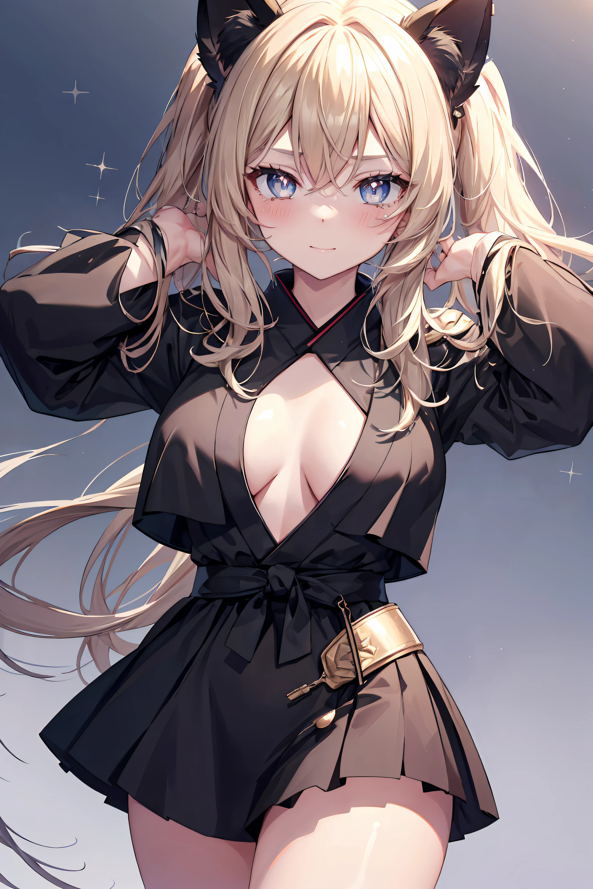 cheveux blonds, collier pour chat noir, yeux qui étincellent de flammes, seins, Nombril, rue japonaise tokyo, regarder le ciel, premiere vue sur le terrain, wavy ponytail, hair over shoulder, very long hair, cheveux très épais, beautiful detailed  eyes, yeux bleus, Jewel-like eyes, pupilles en forme de losange, hugging your own legs, beautiful necklace in cuir bijou detail, Twintails, lunettes de soleil, amber eyes, animal ears, sourire, Embarrassed, rougir, tear, High detail, Anime, romantisme, scintiller, silhouette, profondeur de champ, UHD, retina, Masterpiece, ccurate, anatomiquement correct, textured skin, super detail, High Details, award winning, Best quality, high resolucion, High quality, 16k, clivage