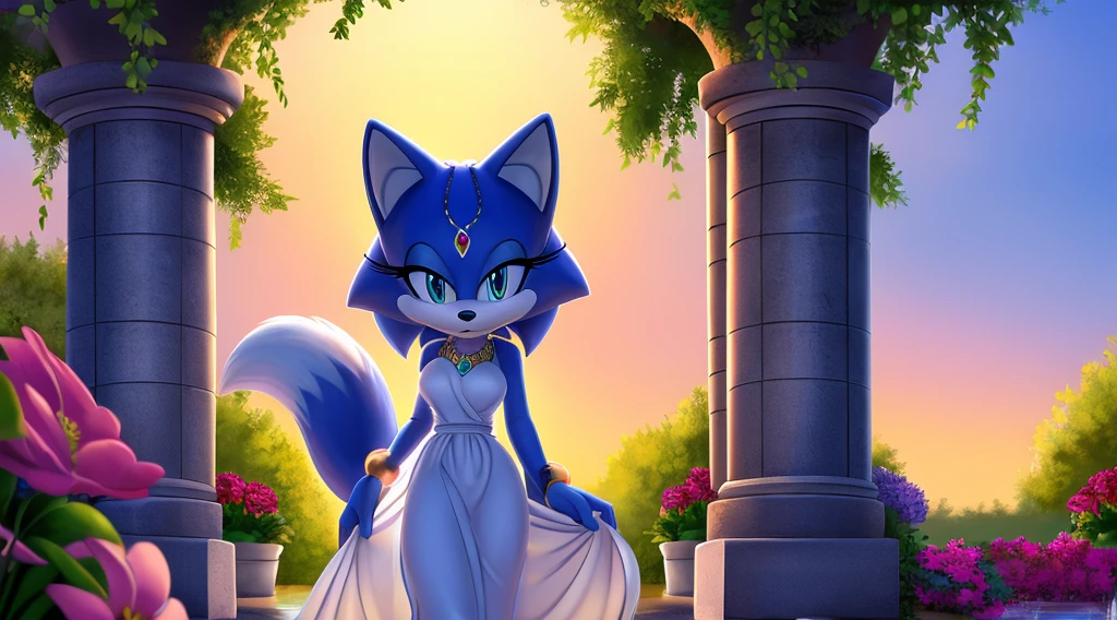 Krystal The Fox, Blue Fox, Blue Skin, Fox Tail, Beautiful, Short Hair, Jewelry, White Dress, Long Dress, Sunset, Looking at Viewer, walking, 2D illustration. A Background of a Roman pillars of a garden and flowery and colorful background arches with colorful gardens and a water fountain, upper body, close up.