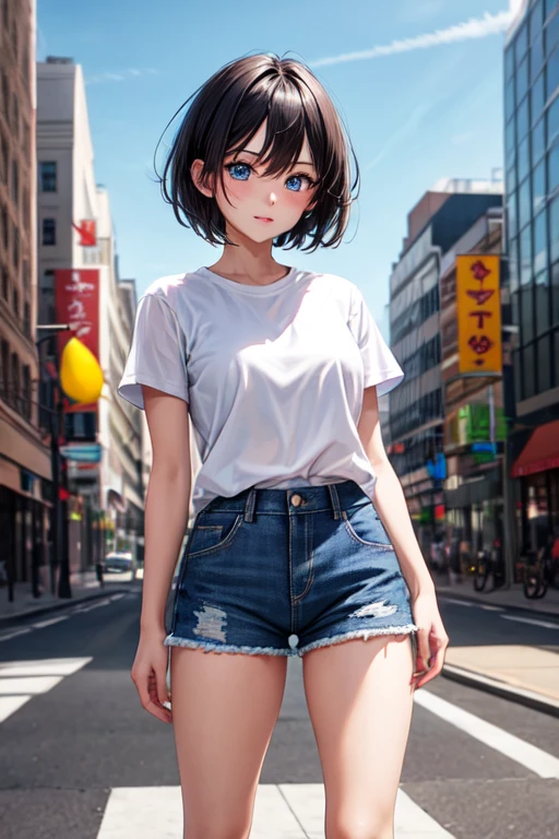 1girl, short black hair, blue eyes, green eyes wearing plain white shirt, denim shorts, city, absurdness, high res, ultrasharp, 8K, masterpiece, looking at viewer