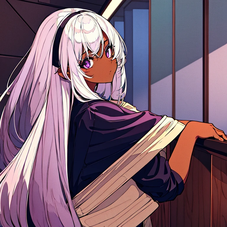 DARK SKINNED GIRL with white hair and purple eyes in a school landscape