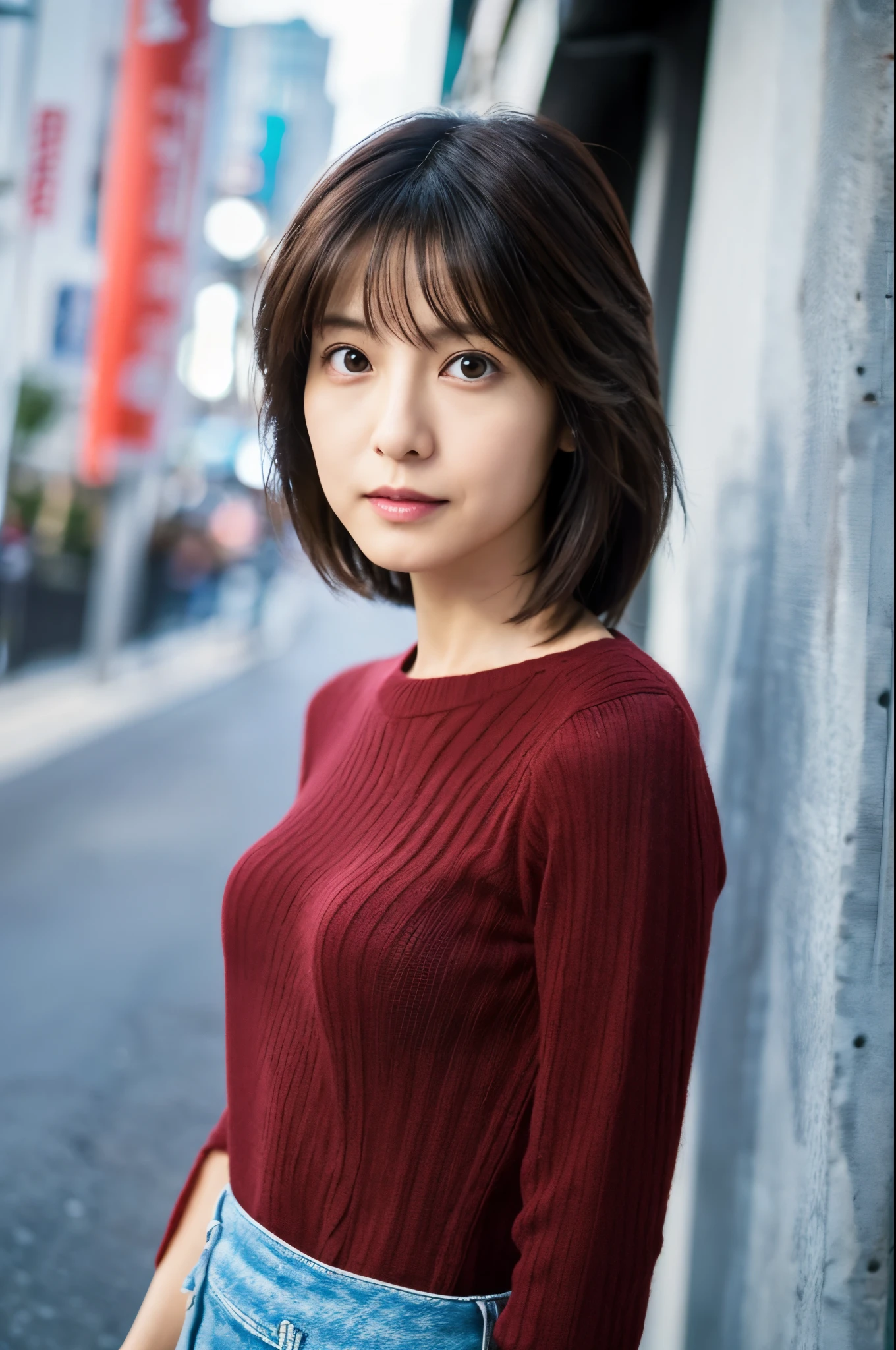 (High reality photograph, high resolusion, detailed face, detailed eyes, various angle) Japanese lady, 40 years old, cute face, skinny figure, very skinny waist, various hair style, tight knit with emphasizing her body line, standing in a various place, full-body photo