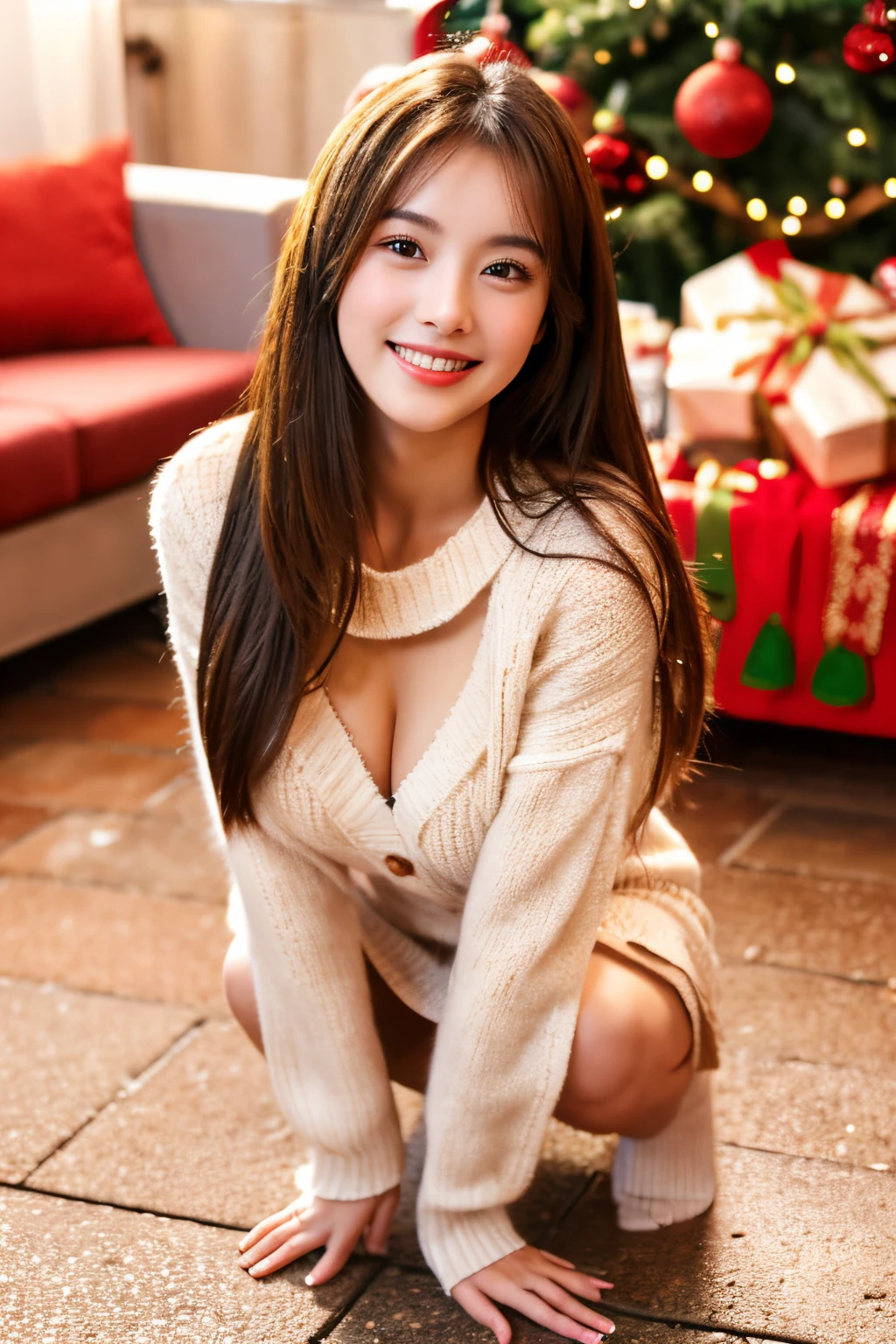 Masterpiece, top quality, high resolution, amazingly beautiful woman, wearing a winter fashion sweater, skirt, straight hair, small breasts, natural colored lips, smiling, squatting in front of the Christmas tree, Christmas night pavement background, looking at camera, ((full) body shot)),