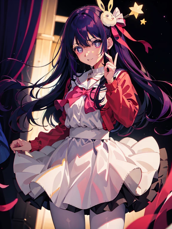 (1girl in,),(((Ai Hoshino Dresses))),Six-pointed star in the eye,((Colorful atmosphere)),Wink,(((quill))),((Saturated colors)),(Ai Hoshino),bad hands，Well-formed five-finger，Big eyes,Eyes of Fantasy,Purple hair,Happy,Hair Accessories,((High quality)),Anime Idol,pink sailor suit，School uniform，Red cardigan，a gray skirt with white lines，king of white pantyhose