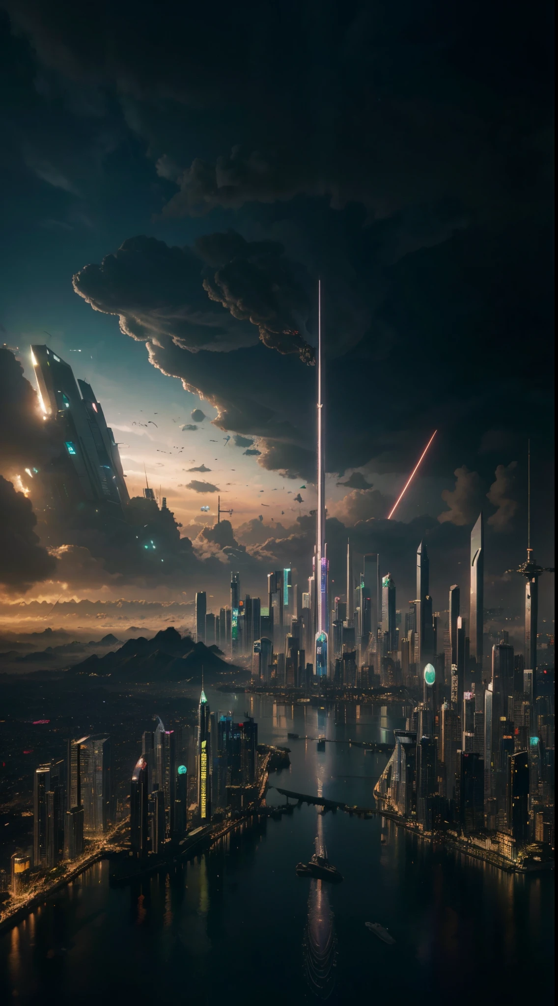 cyberpunk、cidades futuristas、Planeta Terra、Skyscrapers rising through the clouds　cyberpunk.ＳＦArte por、utopian city、Megacidades、Dream、qualidade superior　obra prima、Belas cidades do futuro　montanha　space city