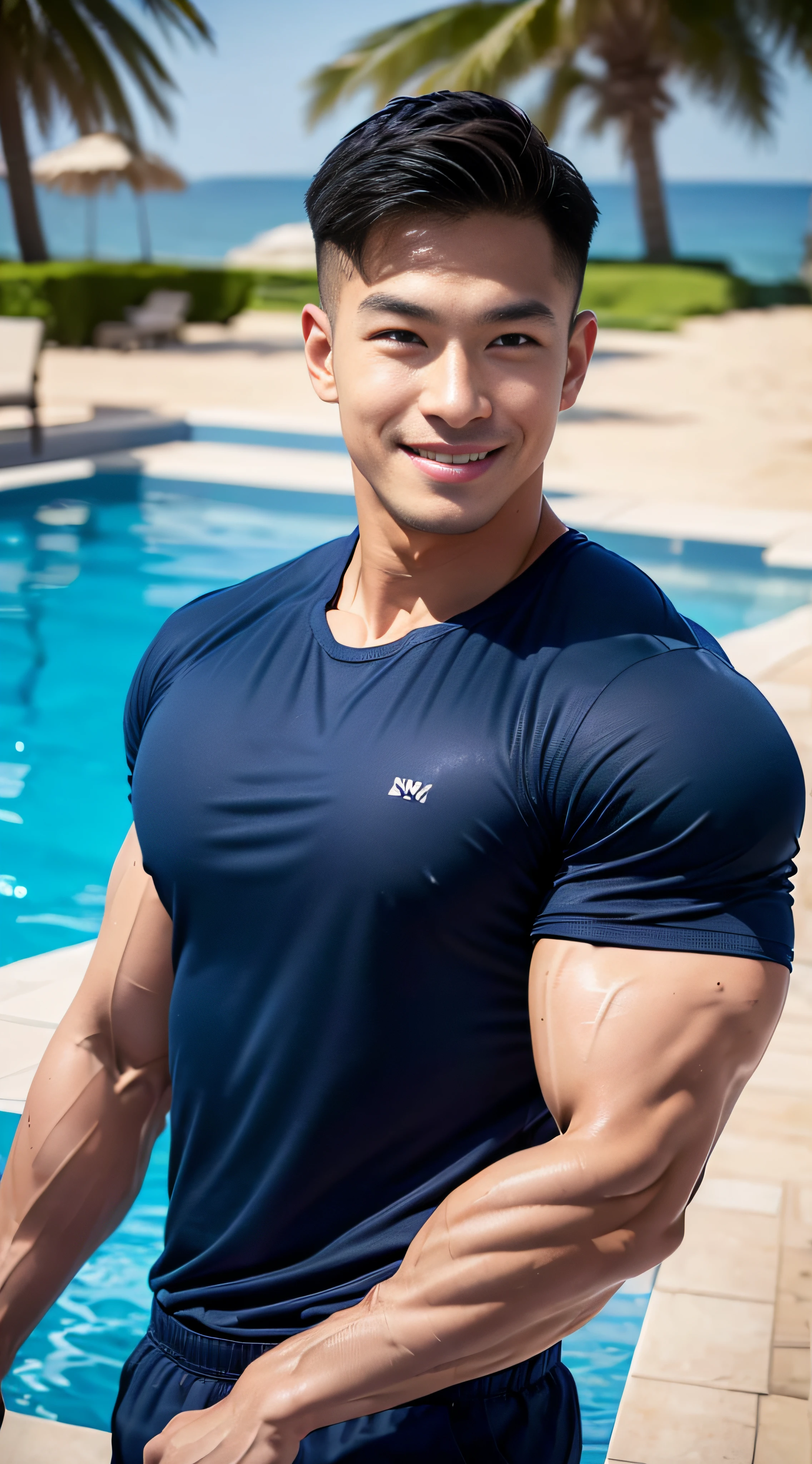 (masterpiece: 1.2),(CGI Art:1.3),(Realistic:1.5),(Post Processing:1.3), (crisp focus:1.3), 1 man in the swimming pool, smile, (Navy round neck shirt), Navy Cargo Pants, Young Korean , Korean Men, (High shadow detail), Pectoral muscles, Big arm muscles, blood vessel, Big muscles, Wide shoulders, looking at the audience, balance eyes, SunshineBeachSeaside