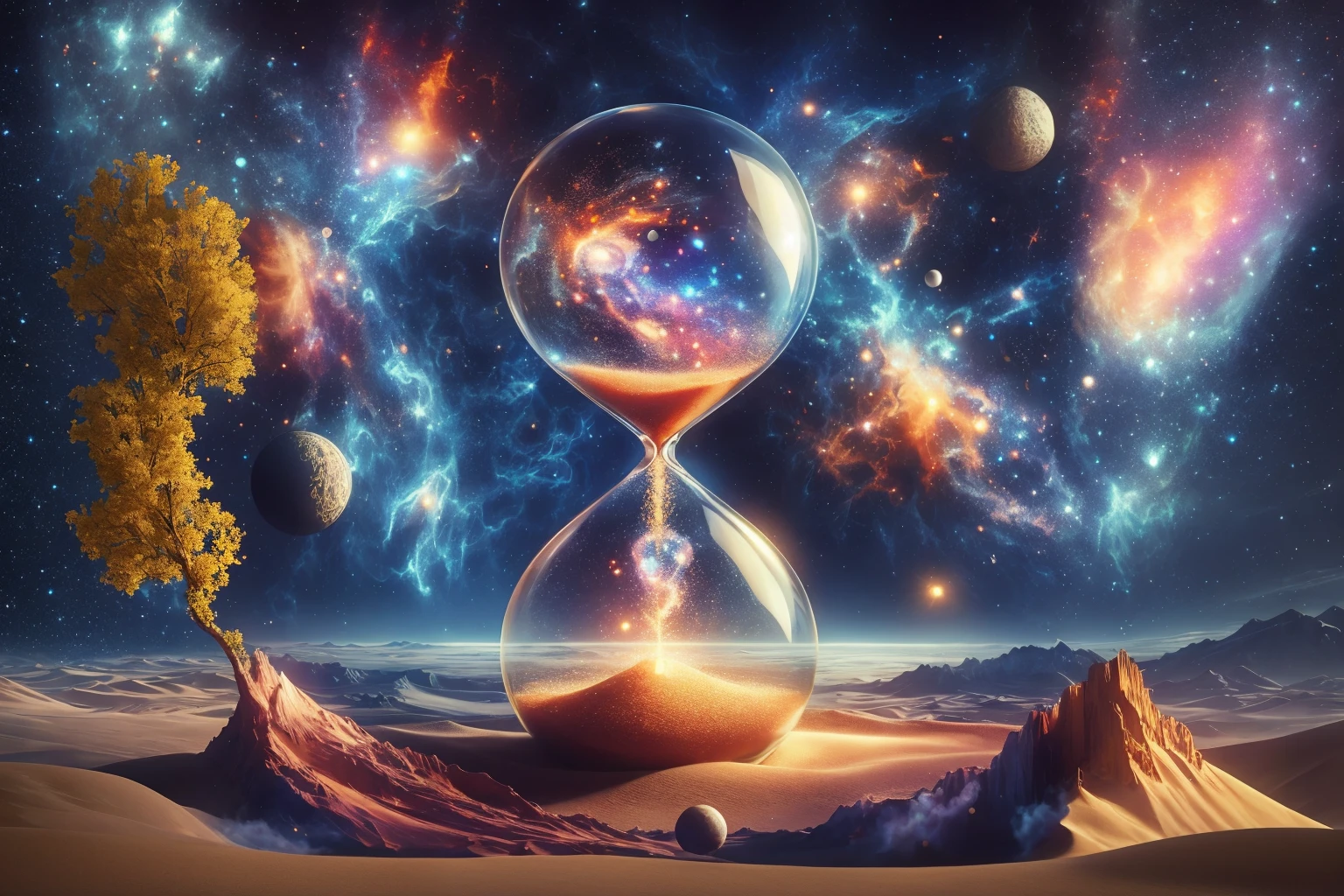 a clock with a sand - glass in the middle of it on a desert, time consumes us all, time does not exist anymore, space and time, memory trapped in eternal time, hourglass ⌛️, infinity time loop, the passing of time, time + space + reality, out of time and space, outside of time and space, the sands of time