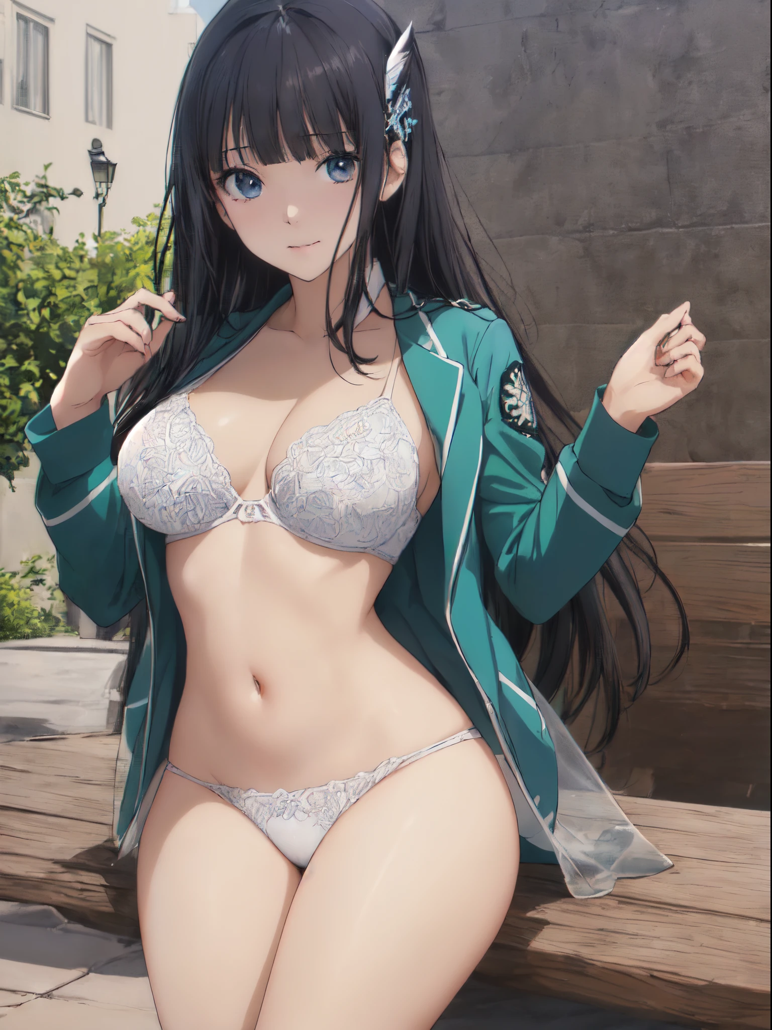 (masterpiece:1.5),an animated character,Light shines on the face,light from the front,(very precise details,Ultra High Resolution:1.4),the Extremely Detailed CG Unity 8K Wallpapers,(Realistic,Photorealsitic,hyper realisitic:1.5),student clothes,(Green jacket,Pure white bra:1.4),(Black tie,Black stockings:1.4),(Long straight hair:1.4),(anime eyes,shinny eyes:1.3),(Curve,Model,glamor:1.5),(Large breasts:1.4),(Aesthetic Anime Eyes:1.4),Beautiful breasts,Farbe_aberration,beautiful detailed shadow,Beautiful eyes,Beautiful body,Beautiful skin,beautifull hands,(Attractive illustration of a young neat woman of 18 years:1.3),sitting on,Unclear,Mystical,(white hair ornament:1.4),(A dark-haired,Black eye,Medium straight hair:1.4),(Tsuriformes:1.4),(Thin Eyes:1.4),(blue eyess:1.4),Detailed long hair,with exquisite details,(Embroidered on white base:1.3), accentuating her curves,(embarrassed:1.3),(A dark-haired:1.4),(Blunt bangs:1.4),(Seductive look,Erotic atmosphere,Erotic body:1.4),(Bangs are the same length:1.3),student clothes,(Green jacket:1.4),(Black stockings:1.4),