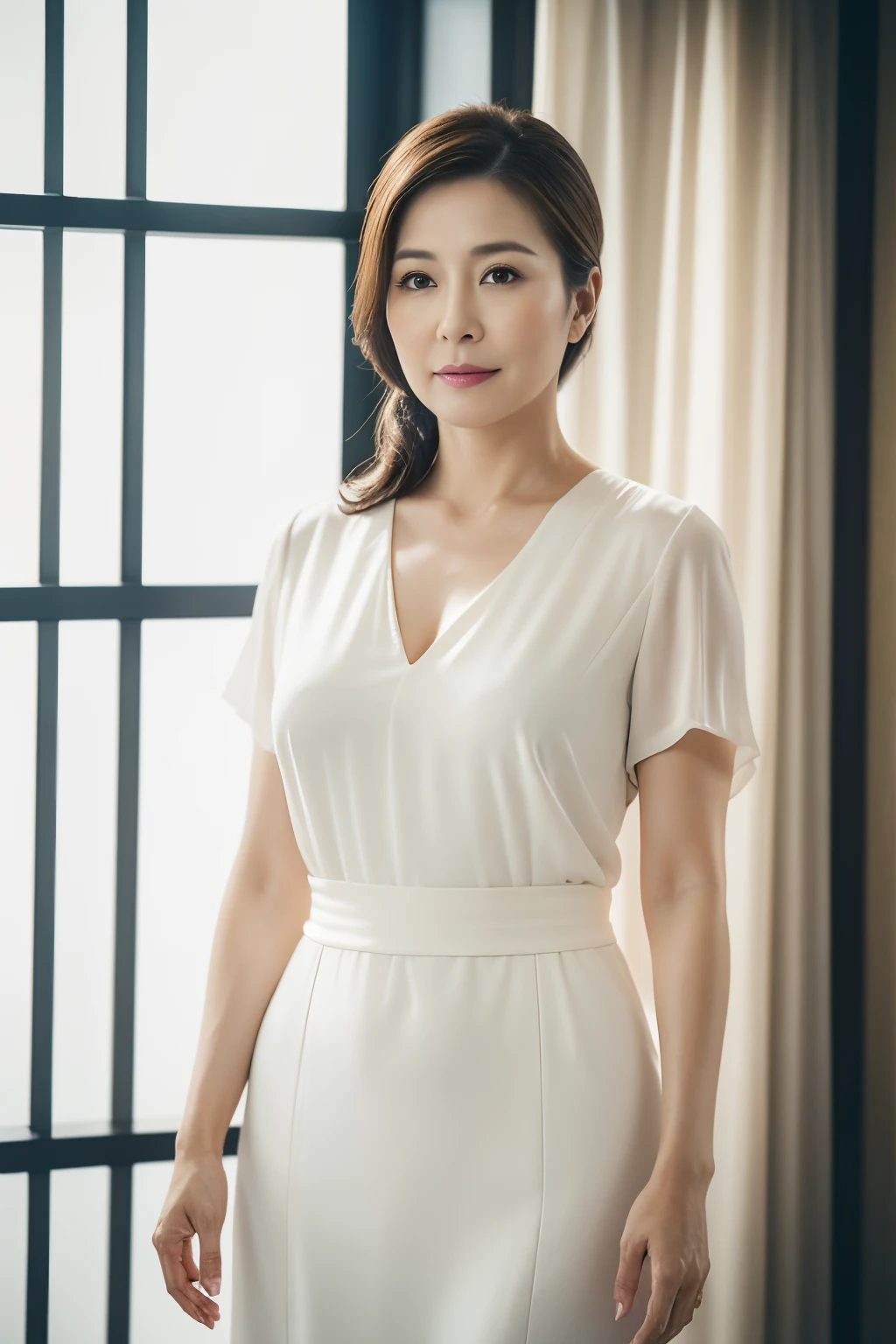 masuter piece, top-quality, masterpiece, hight resolution, Photorealsitic, Raw photography, 8k wallpaper, flawless, profetional lighting, ighly detailed, depth of fields,Pale solid color background, ((Japanese mature woman in her 40s)), chubby figure, Female sexy, Detailed face, beautidful eyes, bangss, large full breasts, Light brown ponytail, Faint lips, ((stand facing the center of the screen, Staring at the viewer, Serious face)),Business Wear, foot out of frame, Looking at Viewer, cowboy shot