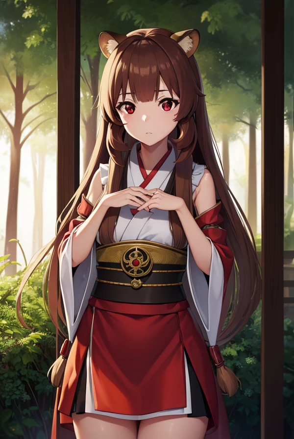 Raphtalia, Raphtalia, Animal ears, Brown hair, Long hair, raccoon ears, a racoon girl, racoon tail, (Red Eyes:1.5), tail,
，Kimono with white，Kimono，Furisode，long red skirt，Miko costume，Taking a break while watching,
BREAK outdoors, forest, Nature, Sun, skyporn, (Cowboy Shot:1.5),
BREAK (masutepiece:1.2), Best Quality, High resolution, Unity 8k壁纸, (Illustration:0.8), (Beautiful detailed eyes:1.6), extra detailed face, Perfect Lighting, extremely details CG, (Perfect hands, Perfect Anatomy),