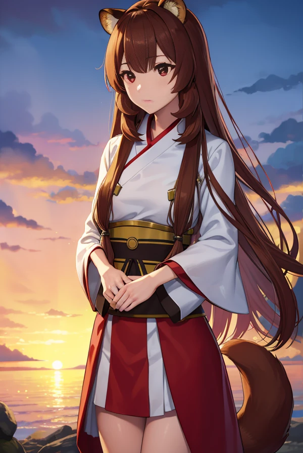 Raphtalia, Raphtalia, Animal ears, Brown hair, Long hair, raccoon ears, a racoon girl, racoon tail, (Red Eyes:1.5), tail,
,Kimono with white,Kimono,Furisode,long red skirt,Miko costume,Taking a break while watching,
BREAK outdoors, forest, Nature, Sun, skyporn, (Cowboy Shot:1.5),
BREAK (masutepiece:1.2), Best Quality, High resolution, Unity 8k壁纸, (Illustration:0.8), (Beautiful detailed eyes:1.6), extra detailed face, Perfect Lighting, extremely details CG, (Perfect hands, Perfect ???????),