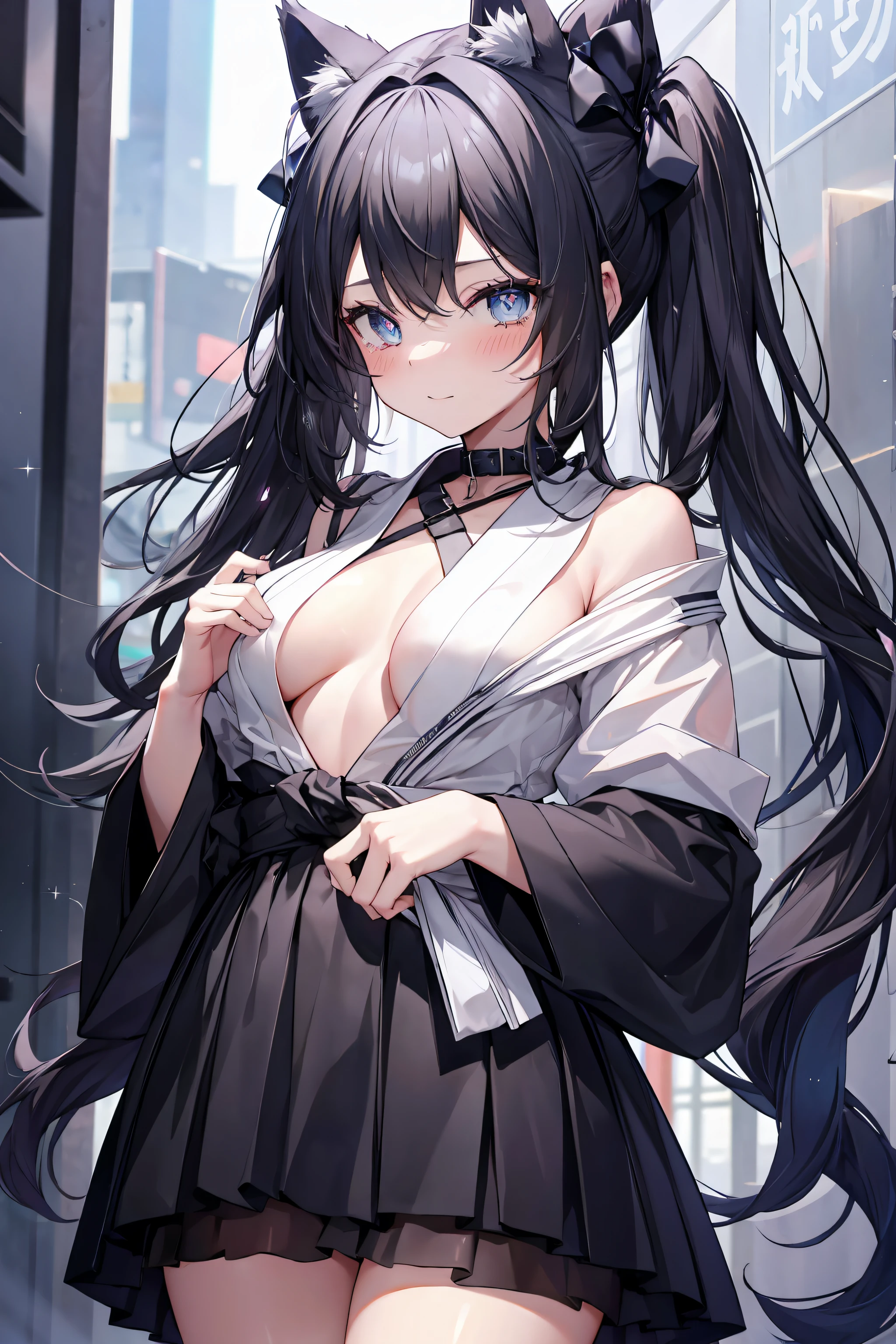 cheveux noirs, collier pour chat noir, star-shaped pupil, beautiful detailed eyes, yeux bleus, Jewel-like eyes, seins, Nombril, rue japonaise tokyo ou toilettes pour filles, regarder le ciel, premiere vue sur le terrain, wavy ponytail, hair over shoulder, very long hair, cheveux très épais, , pupilles en forme de losange, hugging your own legs, beautiful necklace in cuir bijou detail, Twintails, lunettes de soleil, amber eyes, animal ears, sourire, Embarrassed, rougir, tear, High detail, Anime, romantisme, scintiller, silhouette, profondeur de champ, UHD, retina, Masterpiece, ccurate, anatomiquement correct, textured skin, super detail, High Details, award winning, Best quality, high resolucion, High quality, 16k