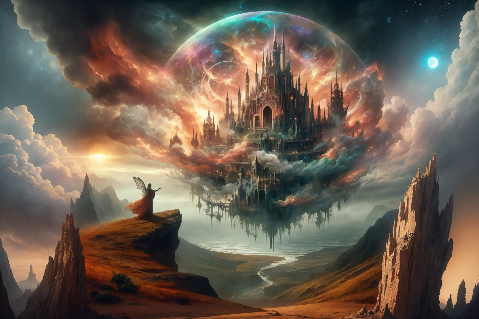 arafed castle in the sky with a giant moon in the background, detailed fantasy digital art, symmetrical epic fantasy art, fantasy digital art, epic fantasy digital art style, 4k highly detailed digital art, digital art fantasy, fantasy epic digital art, epic fantasy sci fi illustration, wide angle fantasy art, digital art fantasy art, epic fantasy digital art