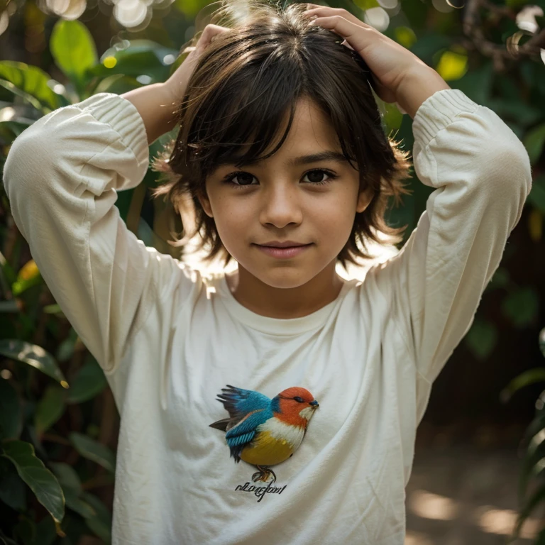 (aesthetic boy:1.1), de cabelos loiros,segurando ganso,fundo bonito e vibrante,Penas coloridas,ambiente natural,expression of joy,bird flying freely,luz solar brilhante,Soft lighting and Warm,Realistic details,Artistic portrait,estilo de pintura em tela,vivid colors,foco nítido,Bokeh
