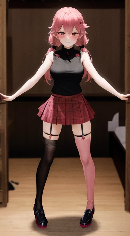 (Full body Sakura Miko) 1girl, solo, best quality, pink hair, red glowing eyes, low twintail. medium breasts, sleeveless, black_thighhighs, garter strap, golden hair ornament, black shirt, skirt, plaid skirt, dynamic pose, smile, closed mouth and happy, looking at viewer, blush with sweat on her body, her wet body, indoor in a medieval bedroom surrounded by strong females soldiers