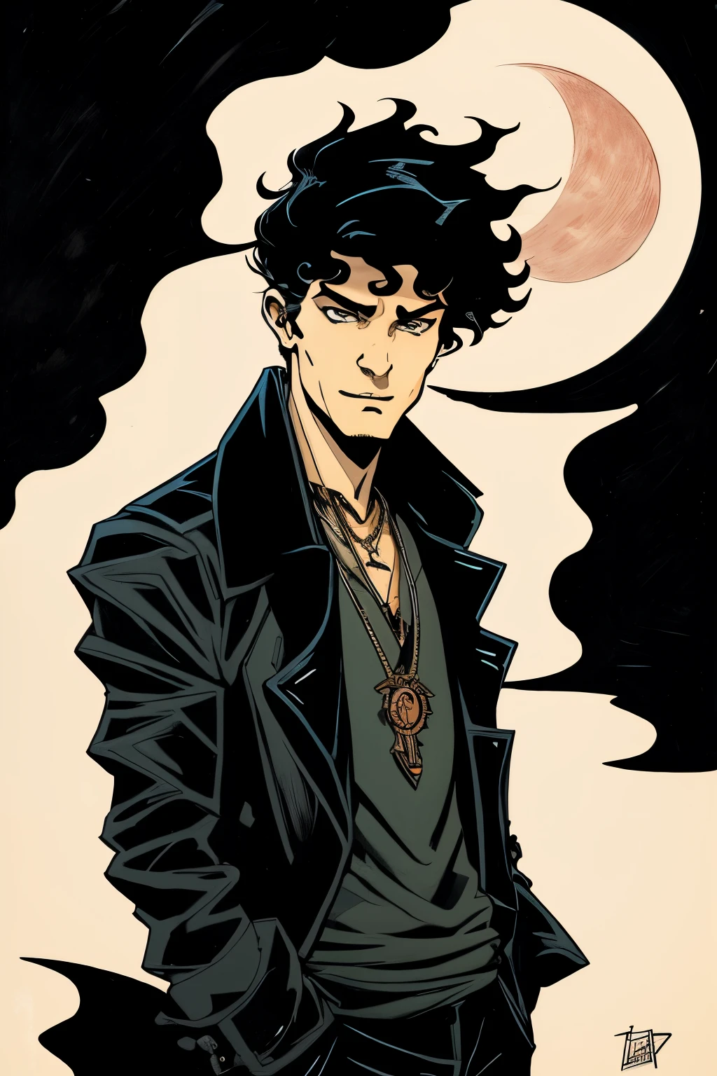 Close-up of a caricature of a young man with black short hair, in a black jacket Mike Mignola style, inspired by Mike Mignola, mignola, Mike Mignola, Heavy ink!!!!!!! Mike Mignola, by Paul Pope, Tom is waiting like, Mobius and Mike Mignola, blood moon tentacles!!