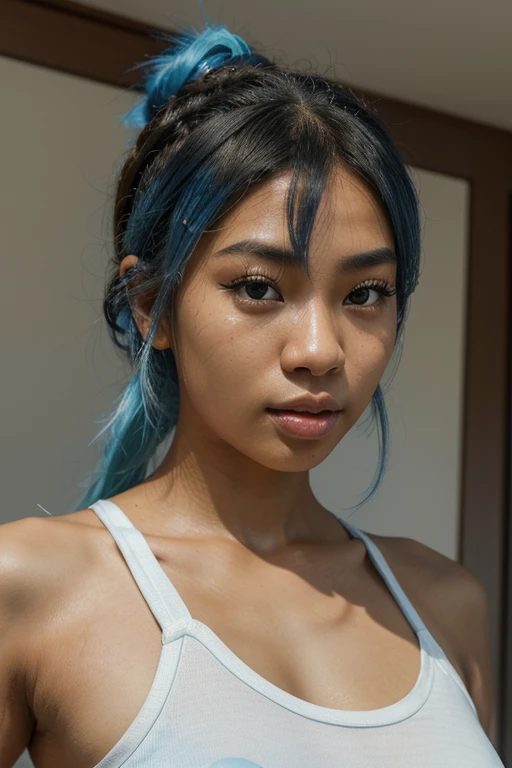 ((Hyper-realistic)) ((hyperdetailed)) high quality image of a Blasian girl with beautiful (( expressive brown eyes)) ((thai features)) cute mouth ((attractive lips)) blue hair, girl with light blue hair, ((lifelike skin texture)) wearing a white trendy top ((detailed skin)) blue hair tied up ((hyperrealistic)), asian, Blasian, 20 yo adorable female, Blasian, Fujifilm, XT3 grain, selfie, UHD, high quality, A masterpiece, best quality, 8k