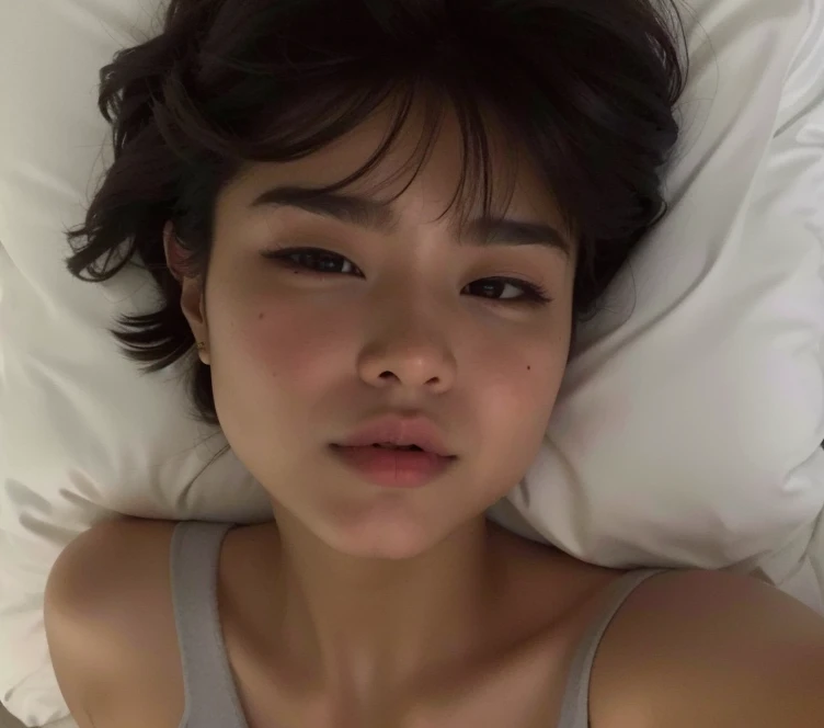 Arafed woman lying on a bed with a white sheet, Jimin\Plump lips, posando na cama, Ela tem cabelo preto com franja, south east asian with round face, com bochechas redondas, young cute wan asian face, na minha cama, 18 anos, enquanto posa na mesma cama, ela tem um rosto bonito, Asian face, sem maquiagem