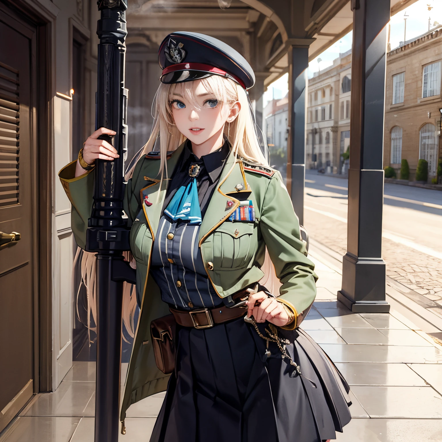 anchovy from girls und panzer wearing mussolini clothes giving a speach on the italy mussolini's balcony --auto --s2