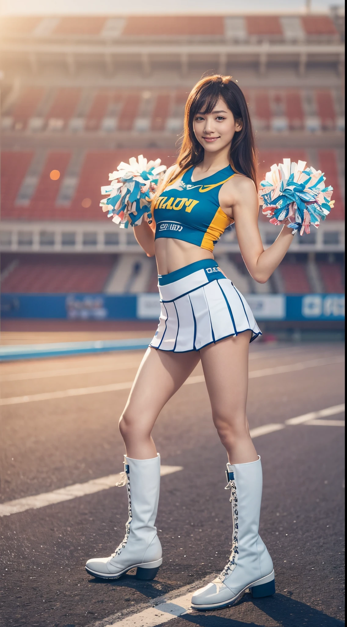 Asian cheerleaders posing dynamically with pom-poms in stadium, Bon Hair, close-up,  Photo,  , Small breasts, Raw photo, Best Quality, High resolution, (masutepiece), (Photorealistic:1.4), Professional Photography, Sharp Focus, nffsw, 8K resolution, intricate-detail, depth of fields, Highly detailed CG Unity 8k wallpaper, Front light, NSFW, Women, girl, beautiful supermodel, Smile, slender, Small Cheer Uniform, Blue, frilled miniskirt, kneehigh boots,One lady,25-years old
