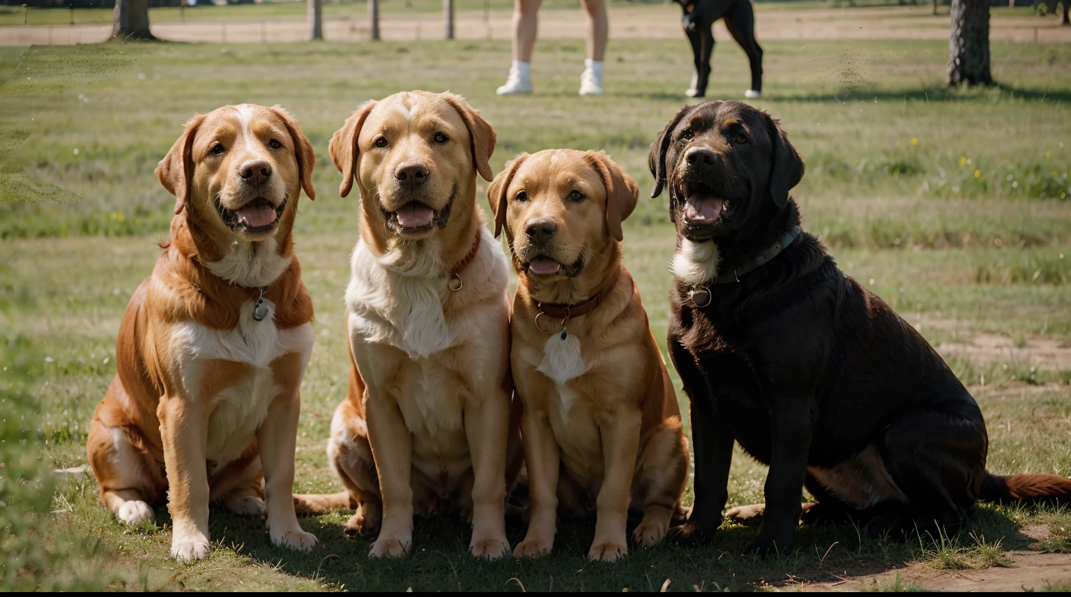 two redheads walking on the grass and the labrador dog is together .  please include the command '-wide' in the prompt."