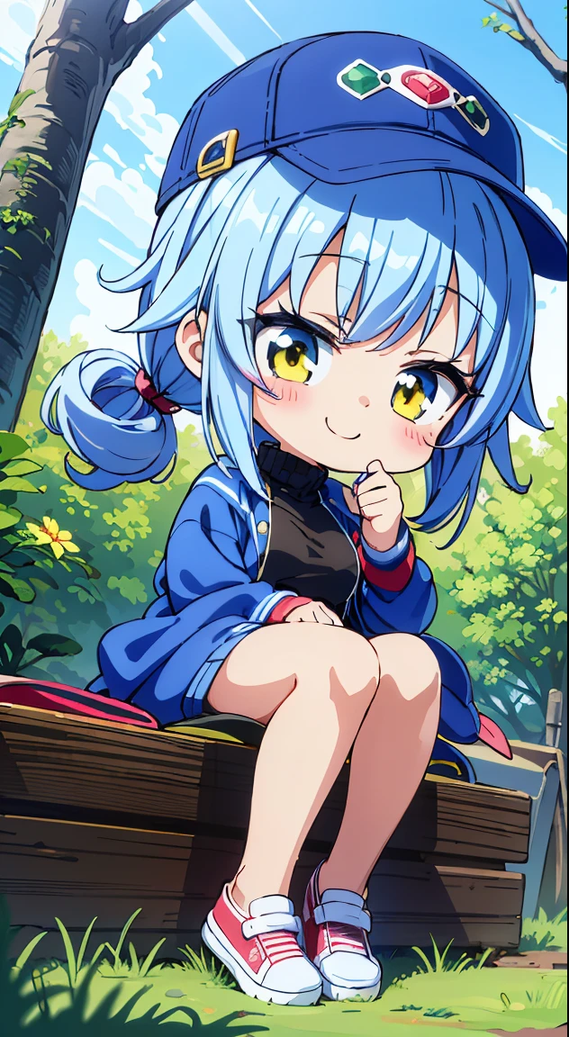 (masutepiece, Best Quality, Perfect Anatomy, High quality:1.4), nice hand, Perfect hands, Detailed beautiful hands, Large_filesize, fulcolor, hight resolution, symmetric, exceptional, Best aesthetic, newest, Anime, very beautiful detailed body,The hair,faces,The eye,(Chibi,Full body:1.6),
BREAK,
1 beautiful girl, 1 person,Solo,(Cute:1.5),(Chibi:0.6),(kawaii:1.5),(:0.5),(17 yl),Very detailed,colourfull,highest details,Clear skin,Beautiful skin,Shy,Very detailed,colourfull,highest details,Clear skin,Beautiful skin,Shy skin,1 beautiful girl,BREAK,{yellow eyes:1.9},star eye silhouette, BREAK,(pale blue hair, Medium length:1.4),(Side Ponytail,A little curly hair,Single-sided twisted blade,Princess Cut:1.3),(cleavage of the arge breasts,Bea , gleaming sar skin, Beautiful skin,(best quality face),(Top quality glowing eyes), (The best smile,Doya face:1.45),
destroy the shirt, White shirt, Jacket, Pants, shoes, Open your clothes, Open jacket, sneakers, Long sleeves, turtle neck, (Oversized_Clothes:1.4)
Breaks have, Baseball Cap, shoes, espadrilles, white footwear,
BREAK
sitting, knees up,
Outdoors, day, Blue sky, cumulonimbus clouds, Sunlight, Flowergarden, forest, Soto, Trees, Wind, Windy, Nature, tussock, (camping:1.4),depth of fields,
BREAK,wakame,wakame,wakame,(Dynamic Poses, Dynamic Angle, close-up, Cowboy Shot, Cowboy Shot:1.4),
BREAK,(Blurry background:1.3),(absurderes, hight resolution, Super Detail Art),cel shading,Clear Color, Lonely optical effect, Beautiful pictureght glow, mystic atmosphere,(Close-up of girl:1.1), Mystical light particle effect,manga influence, clean line drawings,
nice hand, Perfect hands,