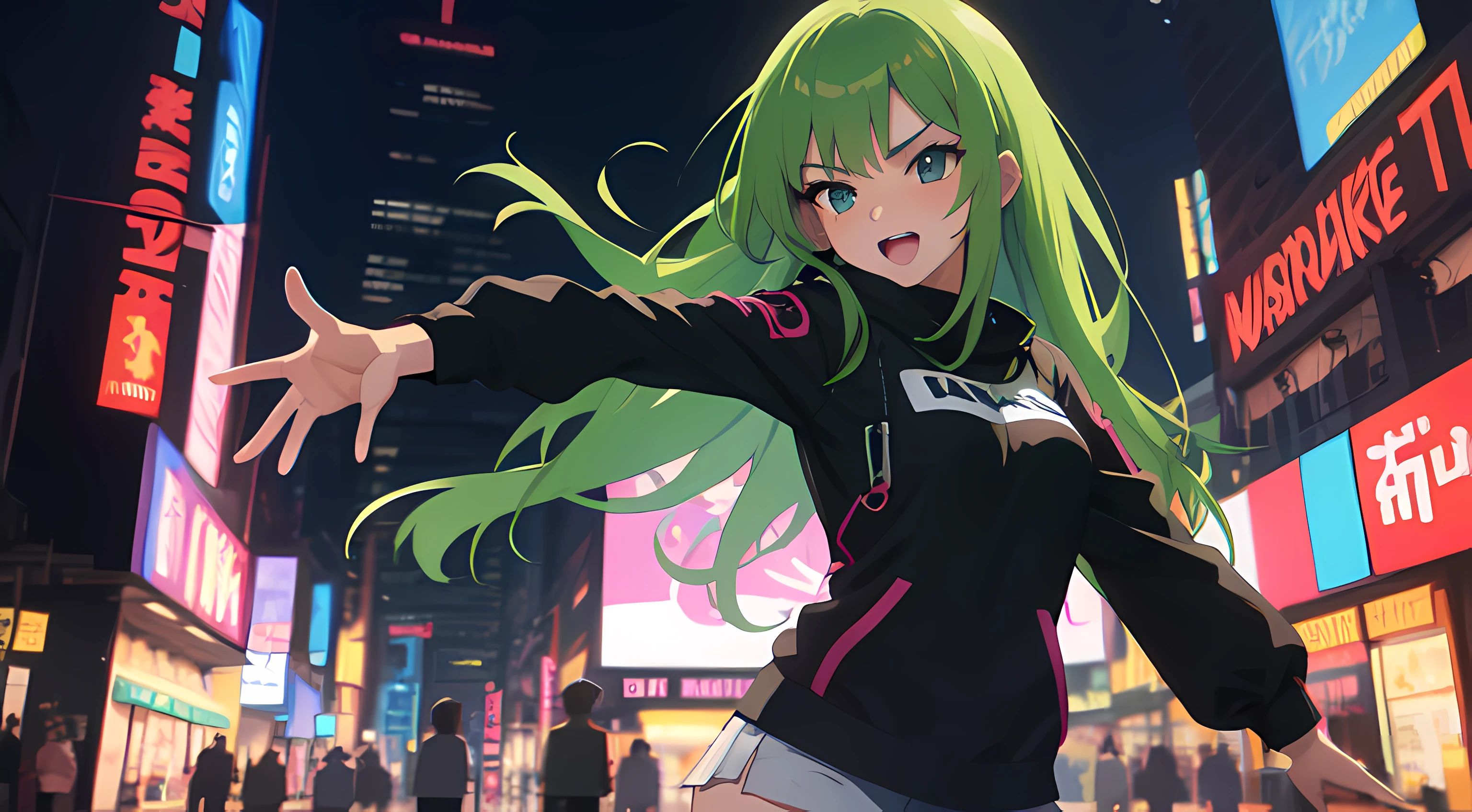 uma mulher com olhos verdes e blusa preta em frente a um sinal verde noturno, Garota de Anime Cyberpunk com fone de ouvido gamer, Anime girl dancing excitedly, arte cyberpunk anime, arte digital do Anime 2D Cyberpunk, Aura verde, cyberpunk digital - arte de anime, menina anime demon, Anime Cyberpunk, Melhor Anime 4K Konachan Wallpaper, arte de Anime Cyberpunk