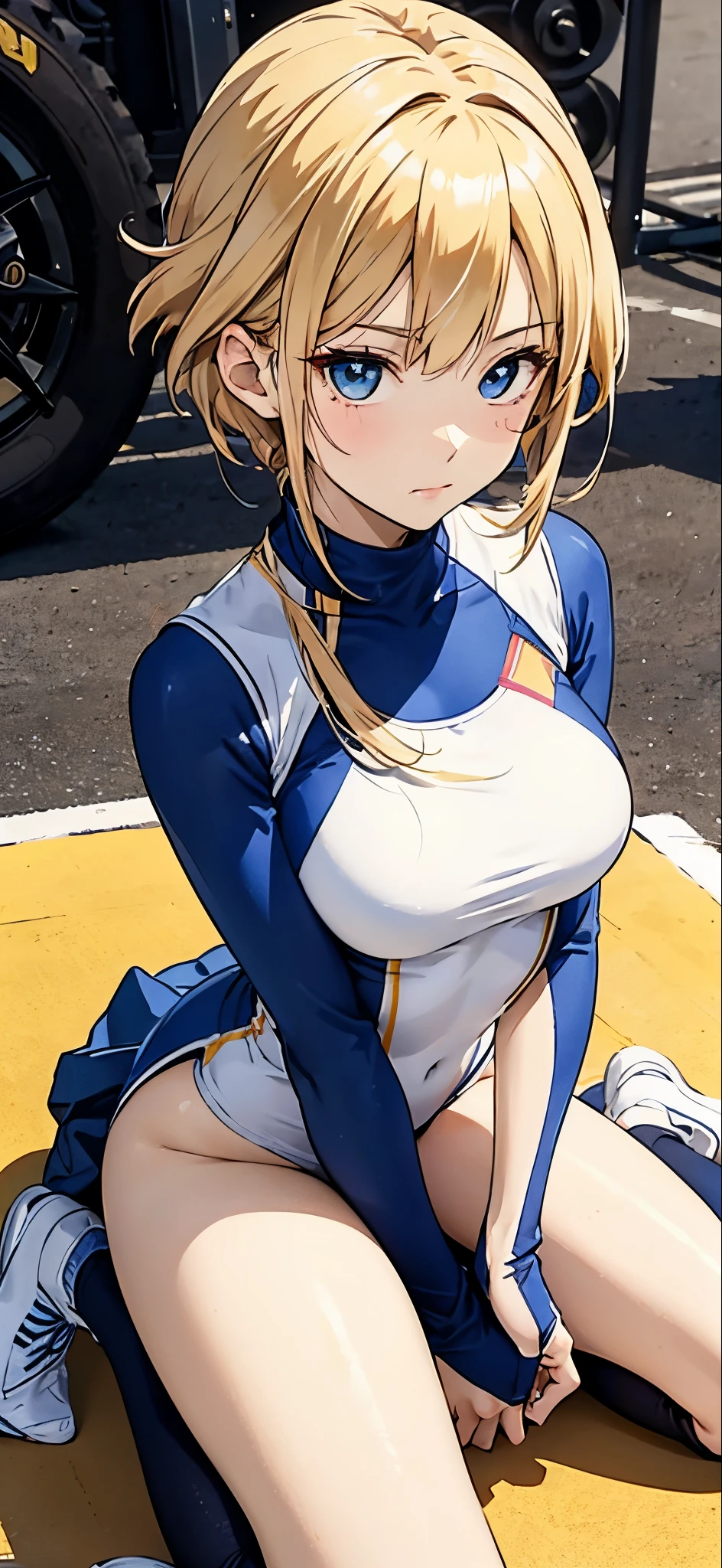 Anime character with blonde hair and blue eyes wearing a white top, asuka suit under clothes!, tracer in a skintight dress, gym, wearing leotard, full body zenkai! asuka suit, tight outfit, cute sportswear, Delicate physique, Anime Barbie in black stockings, Loose Socks、espadrilles、A character in a pose sitting on the ground holding his knees