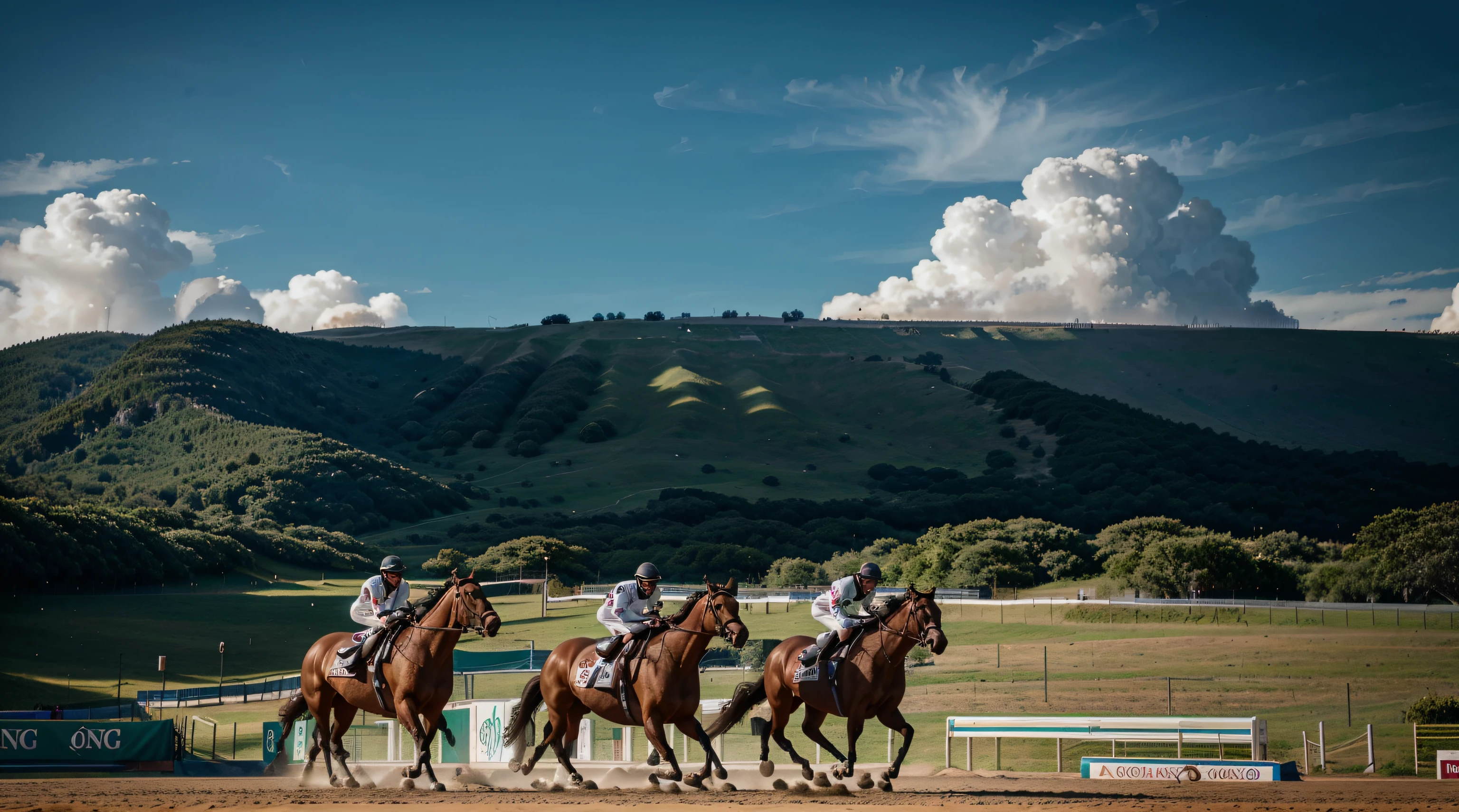 Drivers in an epic race for first place , the horses demonstrating effort in this career of great quality in their images , precision in detail , pessoas assistindo e vibrando