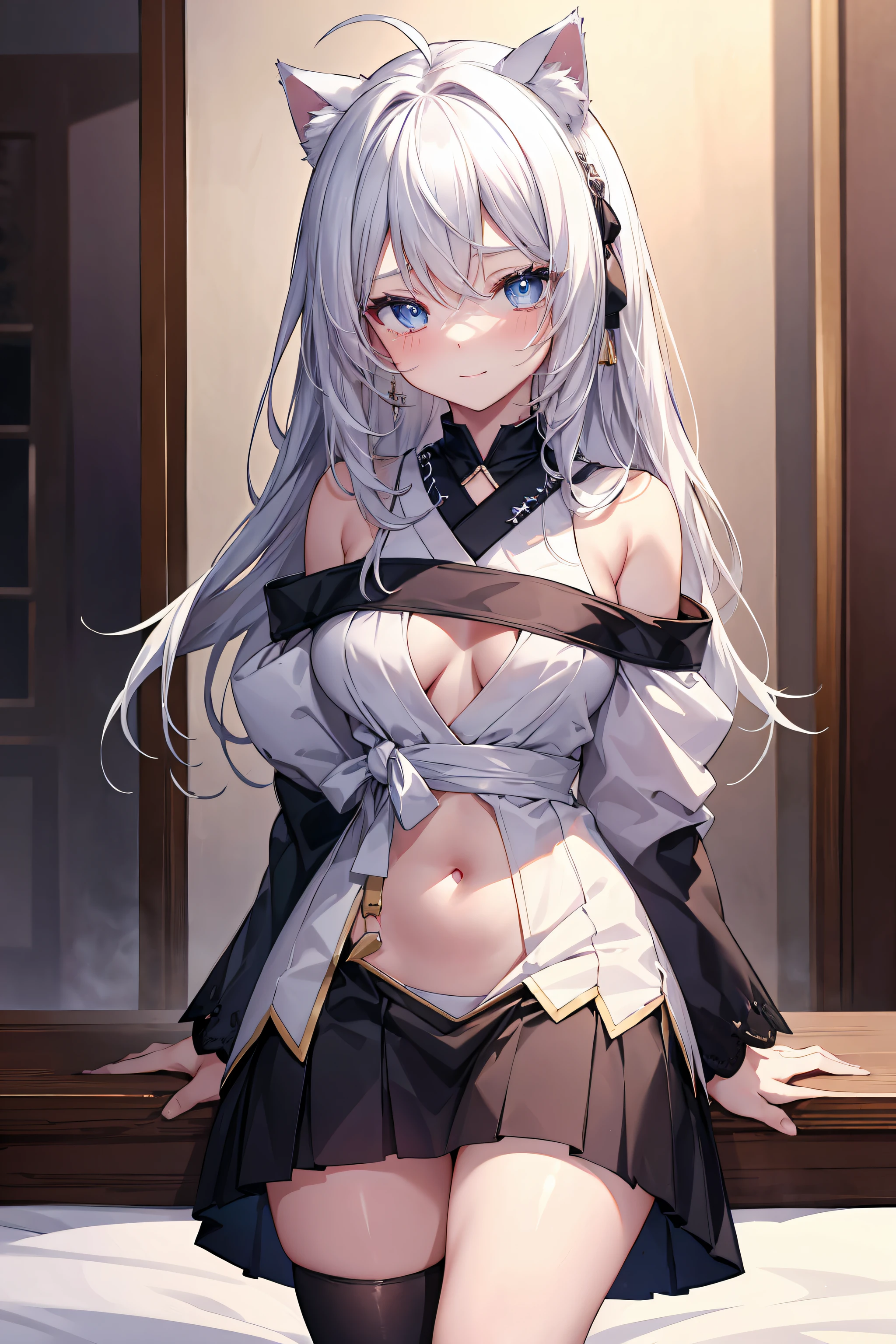 cheveux blancs, collier pour chat noir, star-shaped pupil, beautiful detailed  eyes, yeux bleus, Jewel-like eyes, seins, Nombril, chambre de fille japonaise, fille sur le lit, premiere vue sur le terrain, Ahoge, hair over shoulder, very long hair, cheveux très épais,hugging your own legs, beautiful necklace in cuir bijou detail, animal ears, sourire, Embarrassed, rougir, tear, High detail, Anime, romantisme, scintiller, silhouette, profondeur de champ, UHD, retina, Masterpiece, ccurate, anatomiquement correct, textured skin, super detail, High Details, award winning, Best quality, high resolucion, High quality, 16k