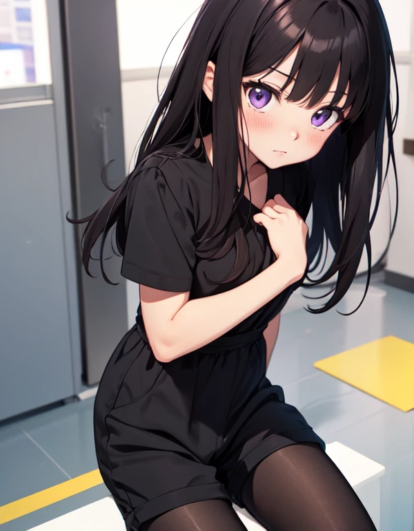 masutepiece, Best Quality, {Best Quality}, {{masutepiece}}, {hight resolution}, Illustration, 1girl in, Inoue Takina, Long hair, Bangs, Black hair, (Purple eyes:1.2), blush, short black dress,shortpants,black pantyhose king,Looking at Viewer,