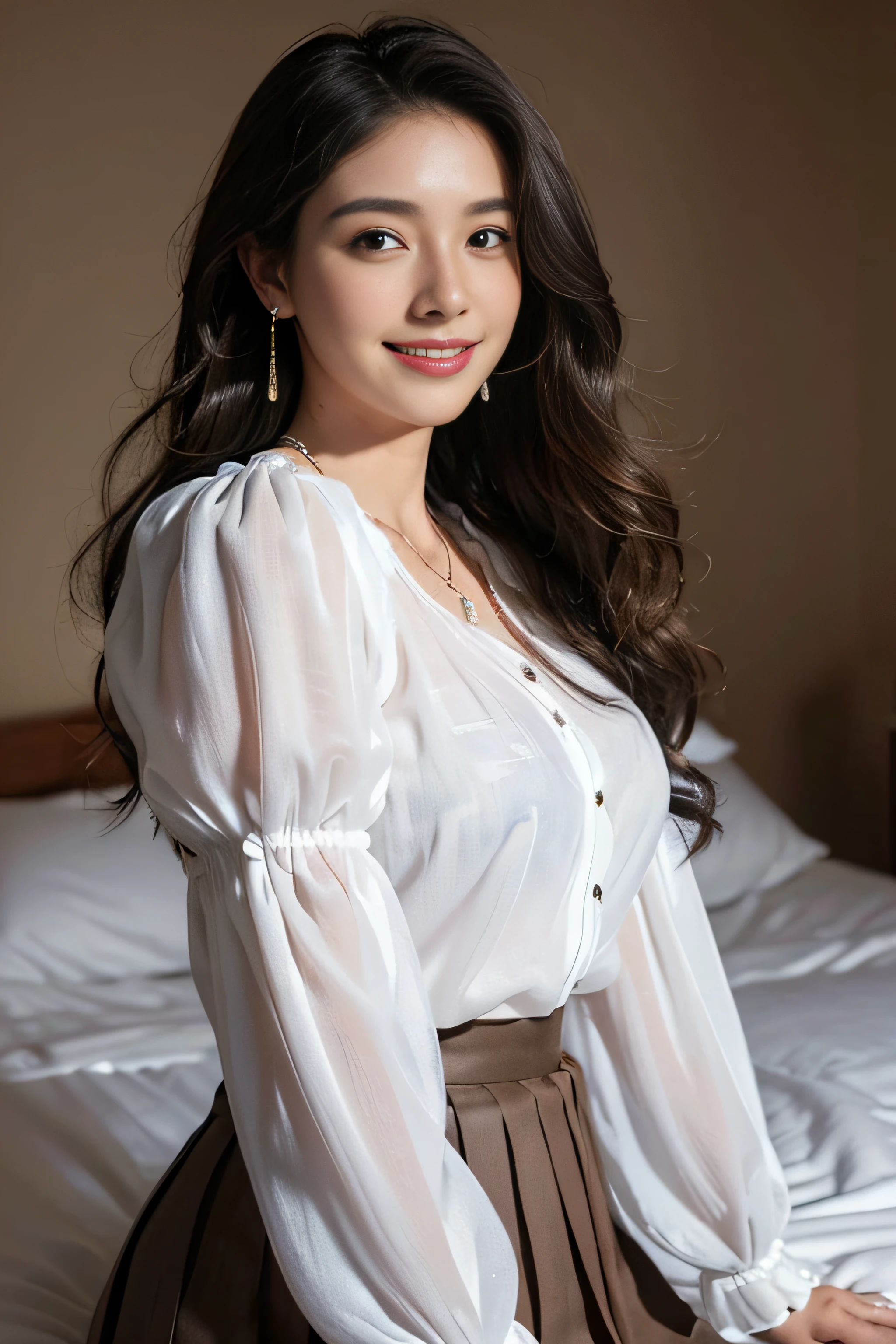 (8k, Best Quality, Masterpiece:1.2), (Realistic, Photorealistic:1.37), Ultra Detailed, Small,1 Girl,Cute,Solo,Beautiful Detailed Sky,Date,(Blush),(Smile:1.15),(Closed Mouth)Small Breasts, Delicate Body、Black Eyes、Neat,Beautiful Detailed Eyes,(Long Hair: 1.2)Black Hair,Floating Hair NovaFrogStyle, Full body, Thin legs, White blouse