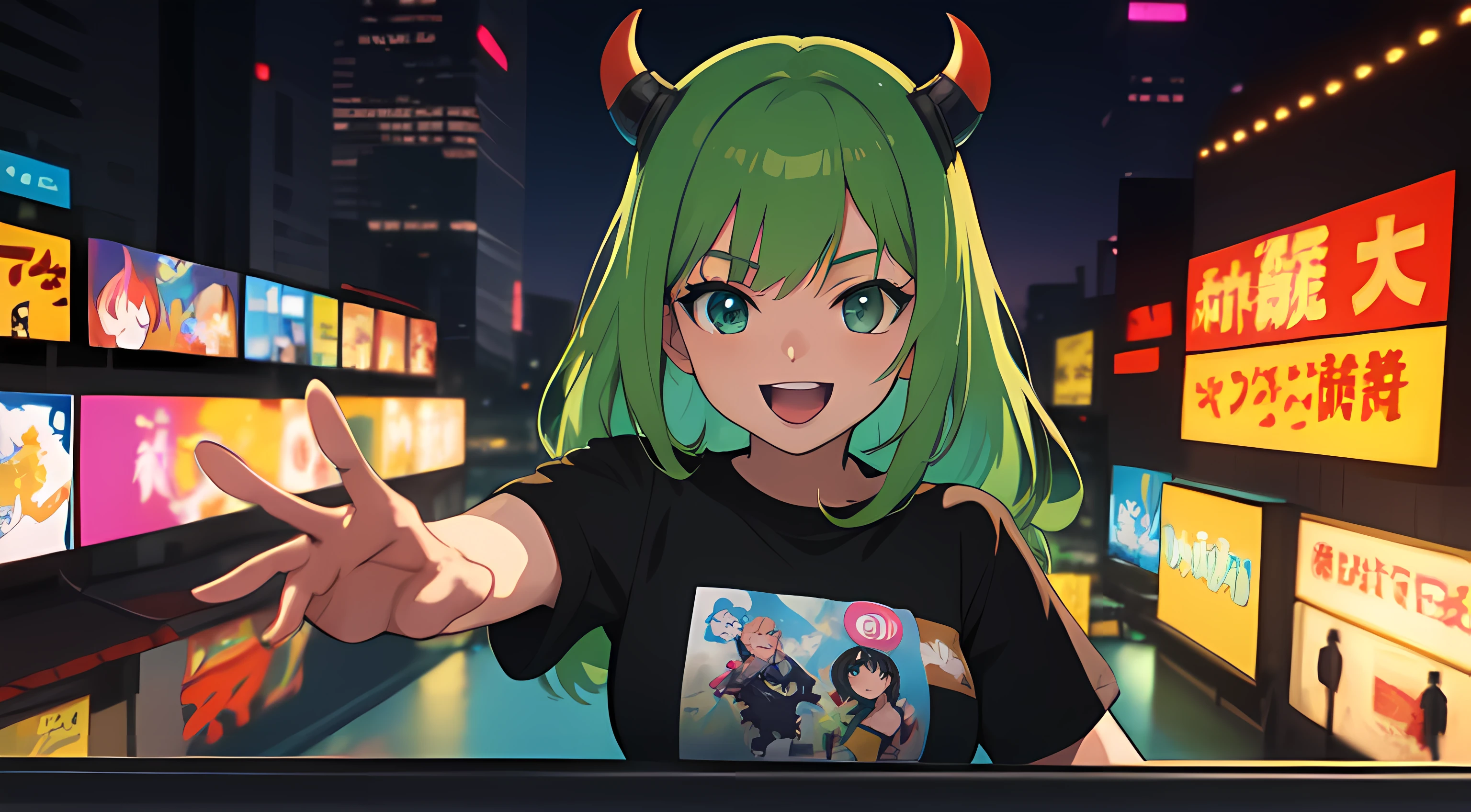 uma mulher com olhos verdes e blusa preta em frente a um sinal verde, Garota de Anime Cyberpunk com capuz, Anime girl dancing excitedly, menina de Anime com sorriso, arte cyberpunk anime, arte digital do Anime Cyberpunk, Aura verde, cyberpunk digital - arte de anime, menina anime demon, Anime Cyberpunk, Melhor Anime 4K Konachan Wallpaper, arte de Anime Cyberpunk, arte 2D anime