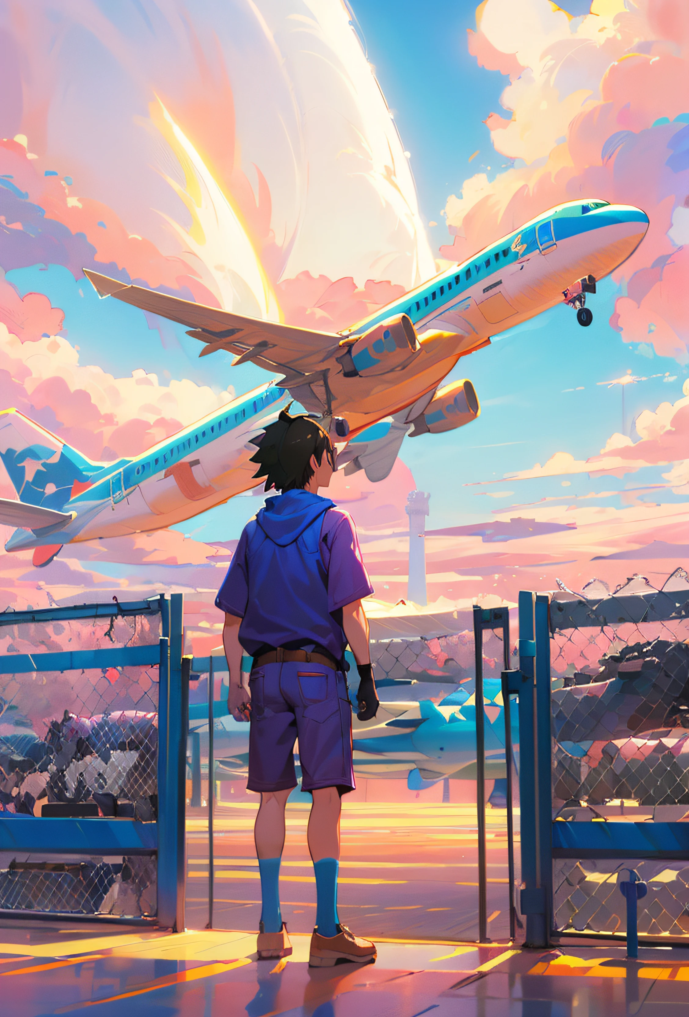 Xiamen Airlines flight attendants wearing blue overalls watch the plane take off from the runway,aircraft maintenance personnel,Aircraft mechanic wearing safety helmet,Blue jumpsuit Makoto Shinkai Cyril Rolando, new ansere. —h 2160, new ansere!, ( ( new ansere ) ), Makoto Shinkai's style, new ansere!!, new ansere, makoto shinkai movie