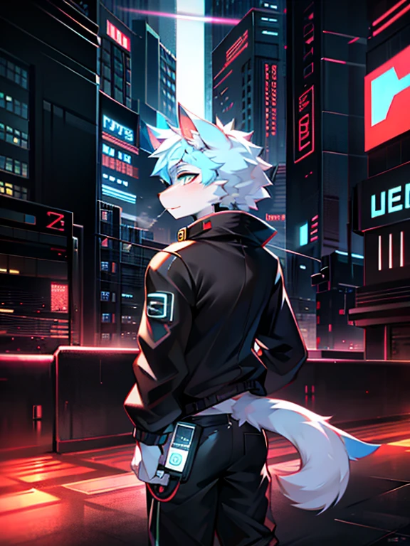 white cat, male people, Alone, Standing on the rooftop overlooking the city, 城市, from back, , (Neon Cyberpunk Jacket),Black  shorts, Earphone, Steam waves， detailed shadow,  (Background with)), cyber punk personage，The tail  raised