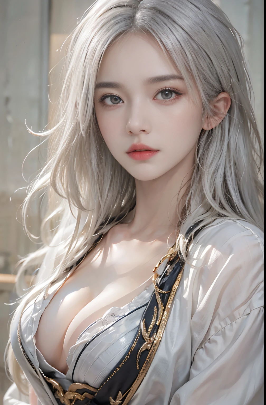 photorealistic portrait, high-res, 1woman, bara, Hip up, look at viewer, (detailed face), White Hair, long-haired, mediuml breasts, Taoism, depressed