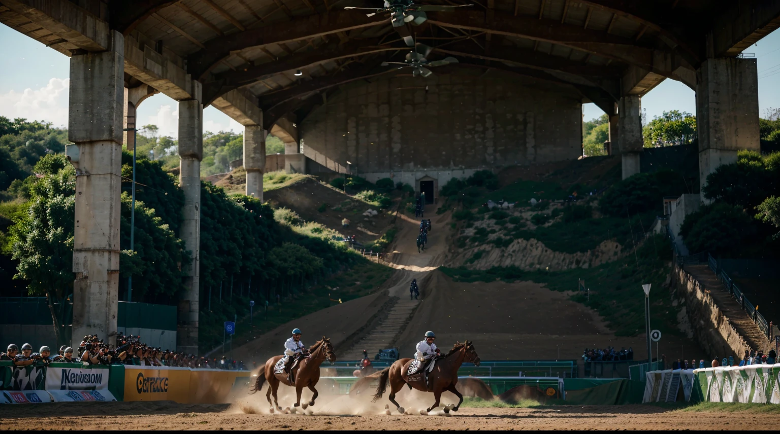 Riders in an epic race for first place , the horses demonstrating effort in this career of great quality in their images , precision in detail , pessoas assistindo e vibrando