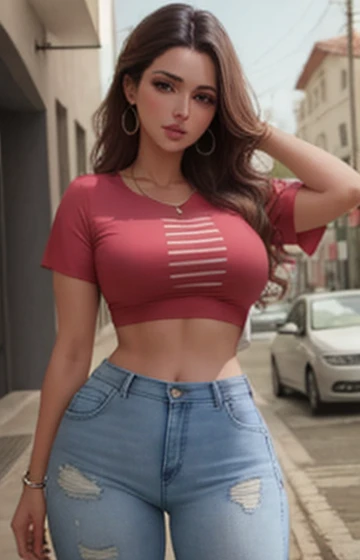 Mujer araffe con jeans y una camisa color canela posando para una foto, Llevar un sexy top recortado, usando ropa ajustada, lorena avarez, pose casual, con una camisa y un jean, cintura delgada y caderas gruesas, alanis guillen, Uso de crop top, Usar ropa casual elegante, Karla Ortiz, foto del atuendo, su ombligo expuesto