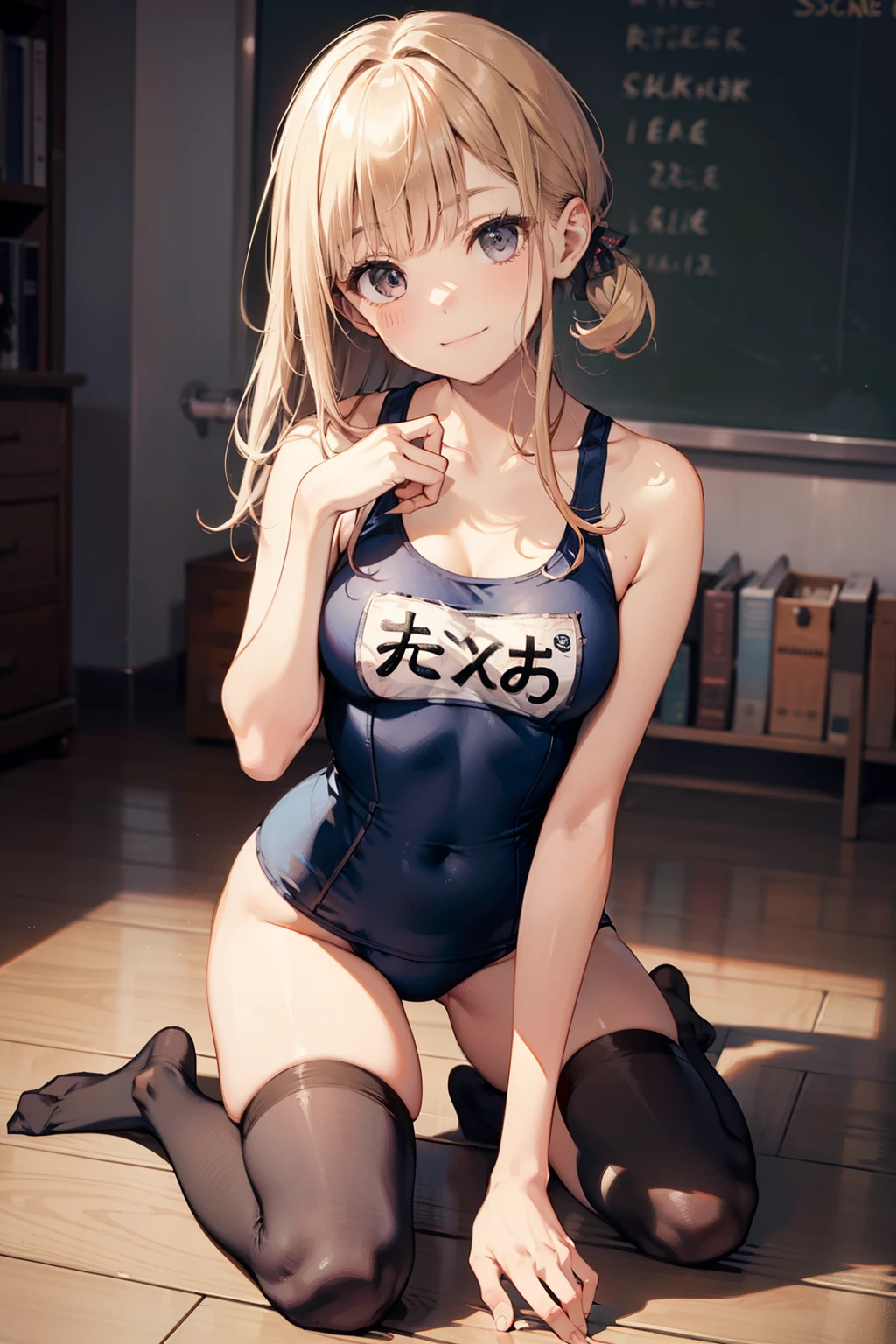 top-quality、Full limbs、complete fingers、Slender beauty、ssmile、Wearing a school swimsuit、Wear knee-high socks、darkened room、all-fours