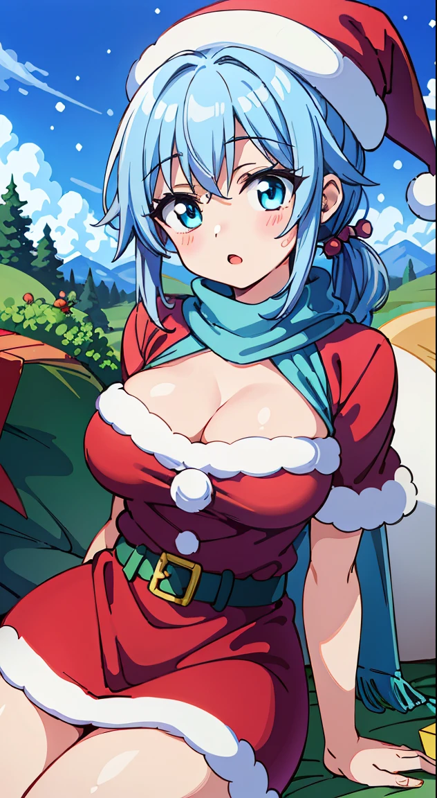 1 beautiful girl, 1 person,Solo,(Cute:1.5),(Chibi:0.6),(kawaii:1.5),(Lori:0.5),( girl),Very detailed,colourfull,highest details,Clear skin,Beautiful skin,Shy,Very detailed,colourfull,highest details,Clear skin,Beautiful skin,Shy skin,1 beautiful girl,{Heterochromia,blue eyess,verd s eyes:1.9},star eye silhouette, BREAK,(pale blue hair, Medium length:1.4),(Side Ponytail,A little curly hair,Single-sided twisted blade,Princess Cut:1.3),(cleavage of the breast,Large breasts,Beautiful , gleaming skin,Clear skin, Beautiful skin,(best quality face),(Top quality glowing eyes),(Doya face,brave face:1.45),BREAK ( santa costume, Red dress:1.65 ), Hat BREAK is vertical striped knit, (Knitted scarves:1.4), Sweaters, Ribbed sweater, a miniskirt, Tight Dress, Black knee socks ,
Break Sitting, is standing,
Outdoors, day,(athletic:1.55) ,Blue sky, cumulonimbus clouds, Sunlight, Flowers, garden, forest, Soto, Trees, Wind, Windy, Nature, tussock, (camping:1.4),depth of fields,
BREAK,wakame,wakame,wakame,(Dynamic Poses, Dynamic Angle, close-up, Cowboy Shot, Cowboy Shot:1.4),
BREAK,(Blurry background:1.3),(absurderes, hight resolution, Super Detail Art),cel shading,Clear Color, Lonely optical effect, Beautiful pictures, Bright glow, mystic atmosphere,(Close-up of girl:1.1), Mystical light particle effect,manga influence, clean line drawings,
nice hand, Perfect hands,