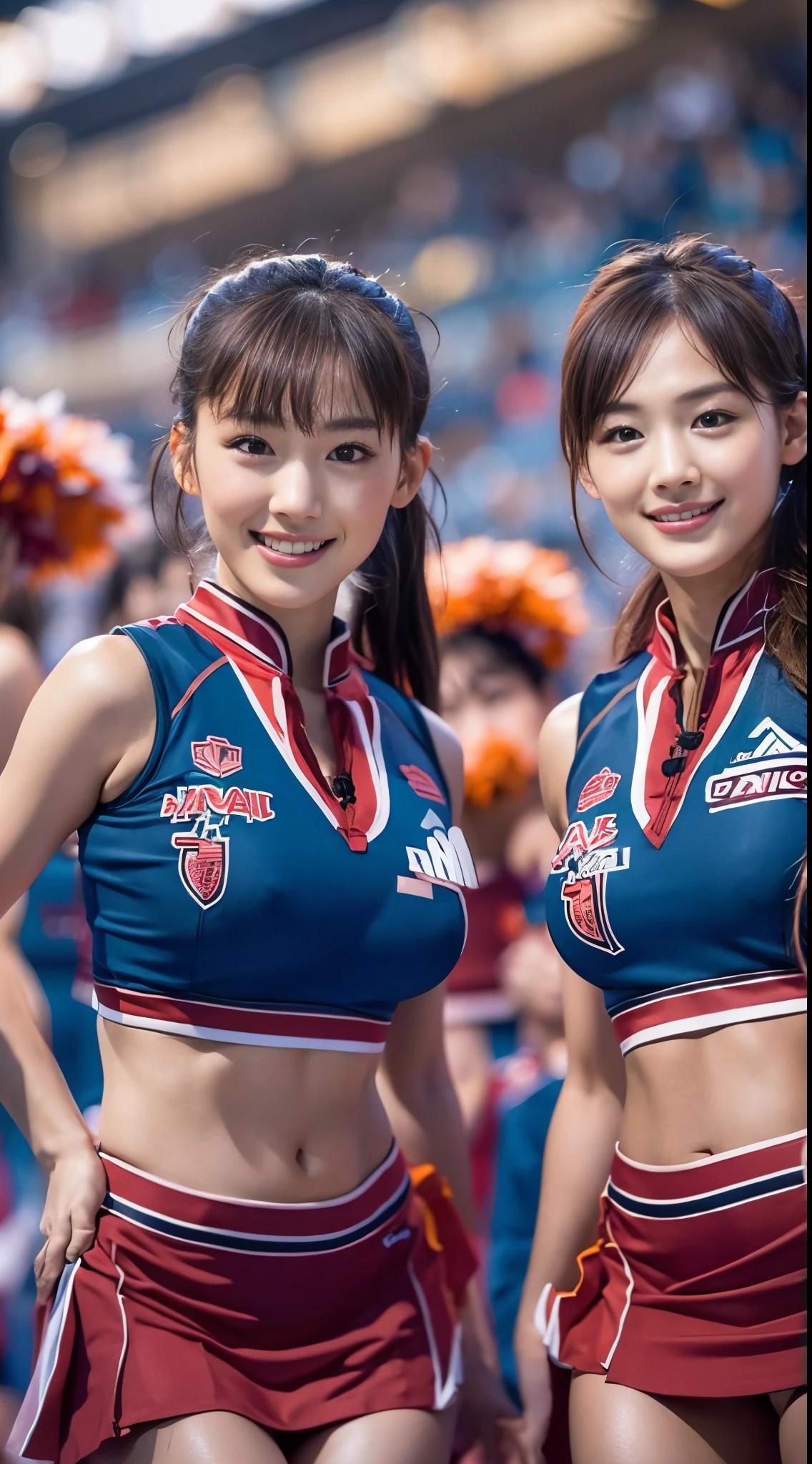 Asian cheerleaders posing dynamically with pom-poms in stadium, Bon Hair, close-up,  Photo,  , Small breasts, Raw photo, Best Quality, High resolution, (masutepiece), (Photorealistic:1.4), Professional Photography, Sharp Focus, nffsw, 8K resolution, intricate-detail, depth of fields, Highly detailed CG Unity 8k wallpaper, Front light, NSFW, Women, girl, beautiful supermodel, Smile, slender, Small Cheer Uniform, Blue, frilled miniskirt, kneehigh boots,One lady,25-years old