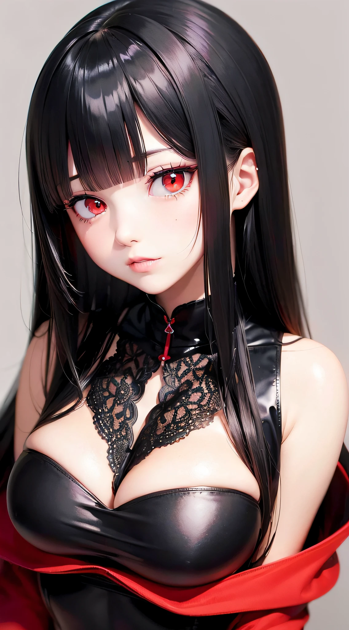 ((Best Quality)), ((masutepiece)), (Detailed), Perfect face　A detailed face　cleavage of the breast　red eyes　long, thick black hair　 Blunt bangs　Solid background color　wear black and red clothes