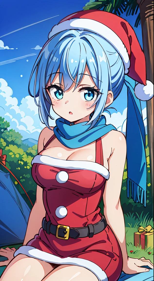 1 beautiful girl, 1 person,Solo,(Cute:1.5),(Chibi:0.6),(kawaii:1.5),(Lori:0.5),(17 years old girl),Very detailed,colourfull,highest details,Clear skin,Beautiful skin,Shy,Very detailed,colourfull,highest details,Clear skin,Beautiful skin,Shy skin,1 beautiful girl,{Heterochromia,blue eyess,verd s eyes:1.9},star eye silhouette, BREAK,(pale blue hair, Medium length:1.4),(Side Ponytail,A little curly hair,Single-sided twisted blade,Princess Cut:1.3),(cleavage of the breast,Large breasts,Beautiful , gleaming skin,Clear skin, Beautiful skin,(best quality face),(Top quality glowing eyes),(Doya face,brave face:1.45),BREAK ( santa costume, Red dress:1.65 ), Hat BREAK is vertical striped knit, (Knitted scarves:1.4), Sweaters, Ribbed sweater, a miniskirt, Tight Dress, Black knee socks ,
Break Sitting, is standing,
Outdoors, day,(athletic:1.55) ,Blue sky, cumulonimbus clouds, Sunlight, Flowers, garden, forest, Soto, Trees, Wind, Windy, Nature, tussock, (camping:1.4),depth of fields,
BREAK,wakame,wakame,wakame,(Dynamic Poses, Dynamic Angle, close-up, Cowboy Shot, Cowboy Shot:1.4),
BREAK,(Blurry background:1.3),(absurderes, hight resolution, Super Detail Art),cel shading,Clear Color, Lonely optical effect, Beautiful pictures, Bright glow, mystic atmosphere,(Close-up of girl:1.1), Mystical light particle effect,manga influence, clean line drawings,
nice hand, Perfect hands,