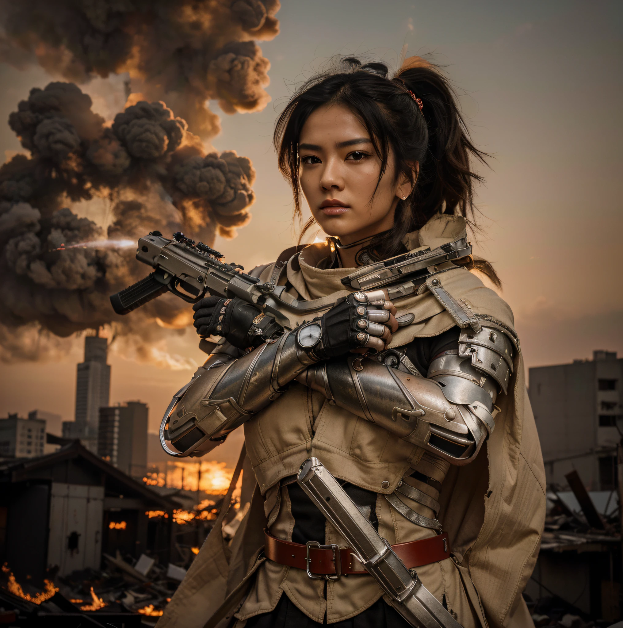 Hermosa mujer guerrera, Cara japonesa, pelo negro recogido en una cola de caballo, Modern Japanese style cyborg full heavy metal armor, color rojo con detalles blancos, holds laser guns, ammunition belts, capa beige, It is in a completely destroyed Asian city , Fuego y mucho humo, Hermosa puesta de sol, 4k, Imagen ultra detallada, realista, Altamente detallado, perfect composition, splendid, Intrincadamente detallado, Incredibly detailed, 8 k artistic photography, hiper detallado, Obra maestra, Ultra detallado, Hiperrealista, 4k, Imagen ultra detallada, realista, Altamente detallado, perfect composition, splendid, Intrincadamente detallado, Incredibly detailed, 8K fine art photography, hiper detallado, Obra maestra
