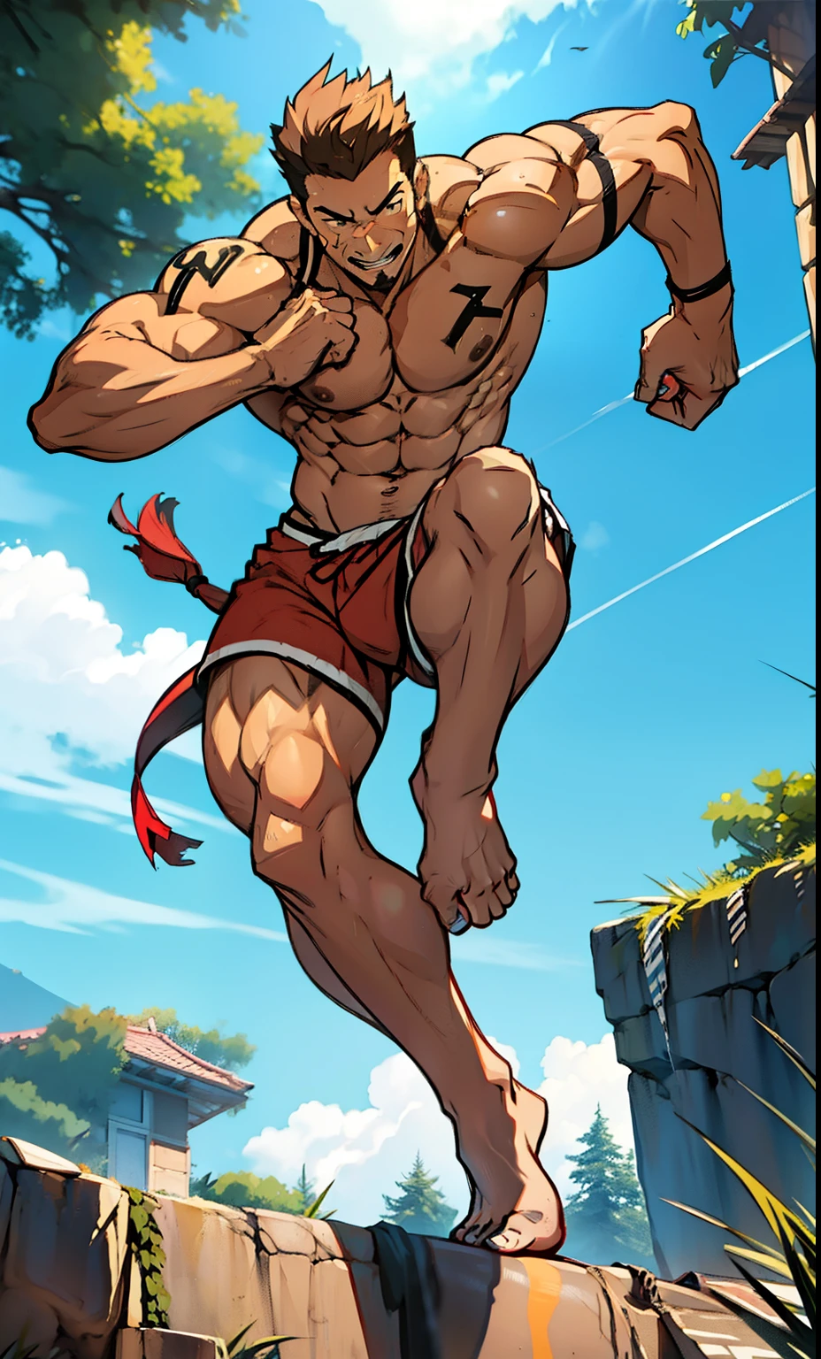 (canto da foto de baixo para cima) (imagem da mais alta qualidade) Lion man ,real, jovem, adolecente, foco masculino, vestindo shorts, imagem de anime, posing for photography , pernas bem abertas, sexy face, rosto atraente, cabelo subcortado, huge muscle muscles of the chest, anime wallpaper, exibindo seus musculos, large strong thigh muscles, Biceps Sinewy muscles, virilha marcando, Big chest, six pack abs, corpo tonificado devido ao treinamento intenso, Well-developed muscles, ABS transparente de 8 embalagens, 3 metros de altura, topless, abrindo bem as pernas, pele brilhante, rede de suor pingando, hands on thighs, bare feet, Sem barba