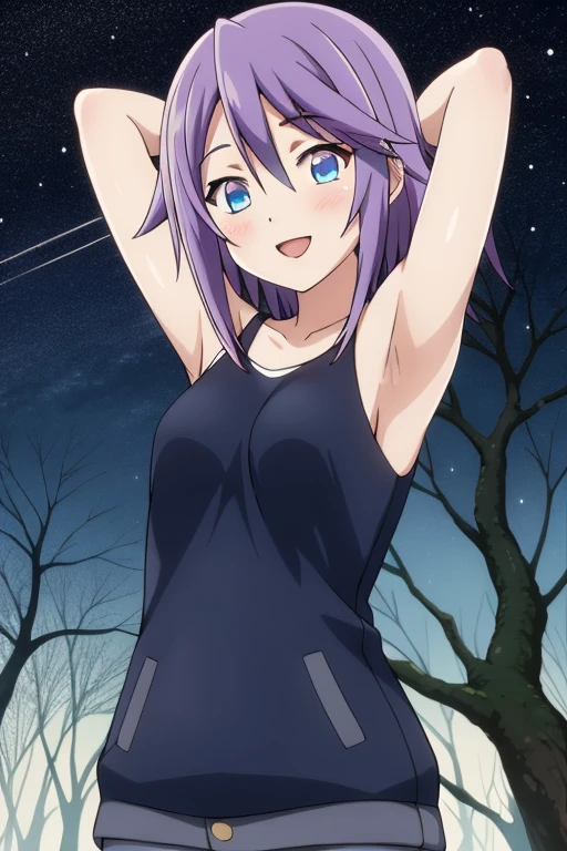 mizore_shirayuki ,1girl, solo, forest, dark sky, contrapposto, smile, spread armpits, upper body, arms behind head,