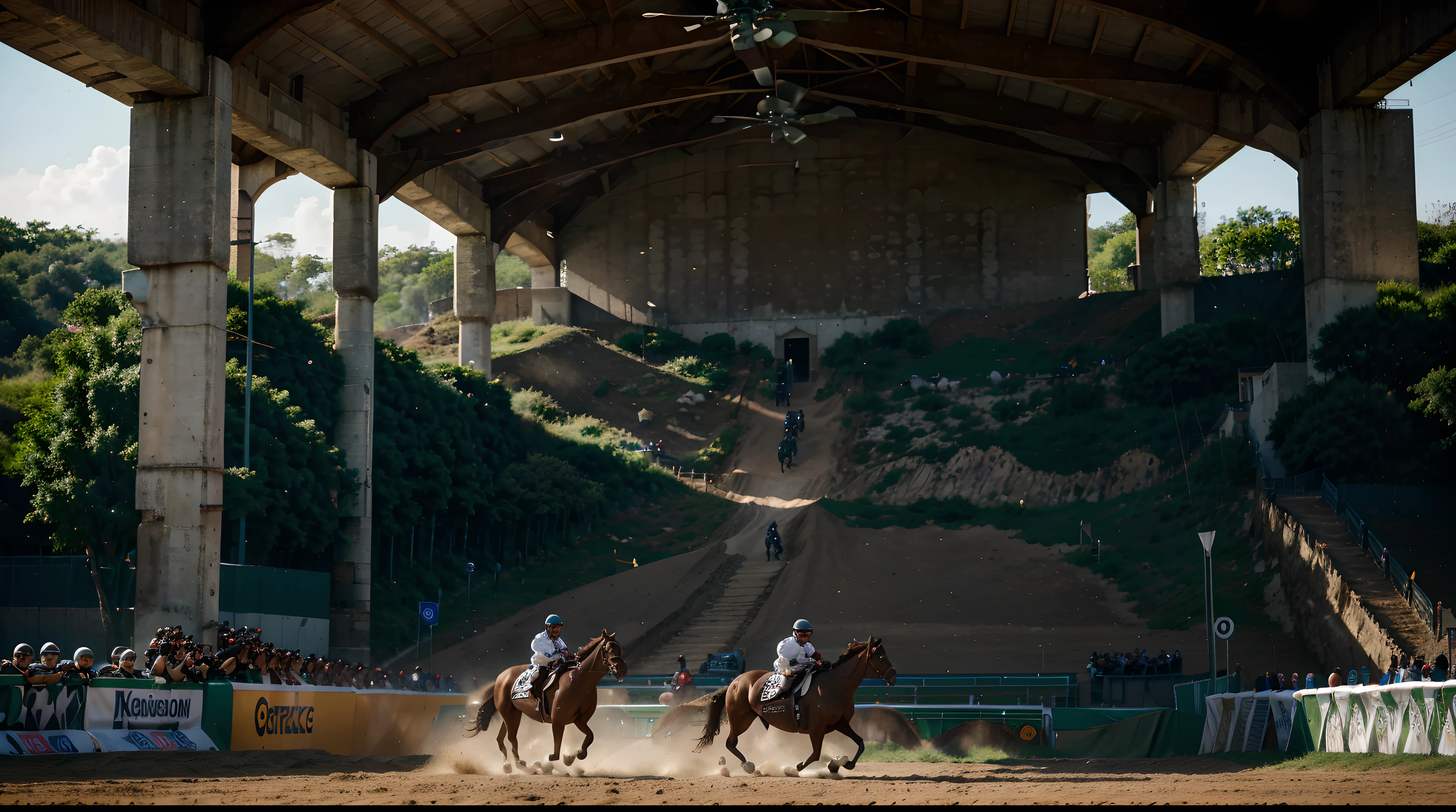 Drivers in an epic race for first place , the horses demonstrating effort in this career of great quality in their images , precision in detail , pessoas assistindo e vibrando
