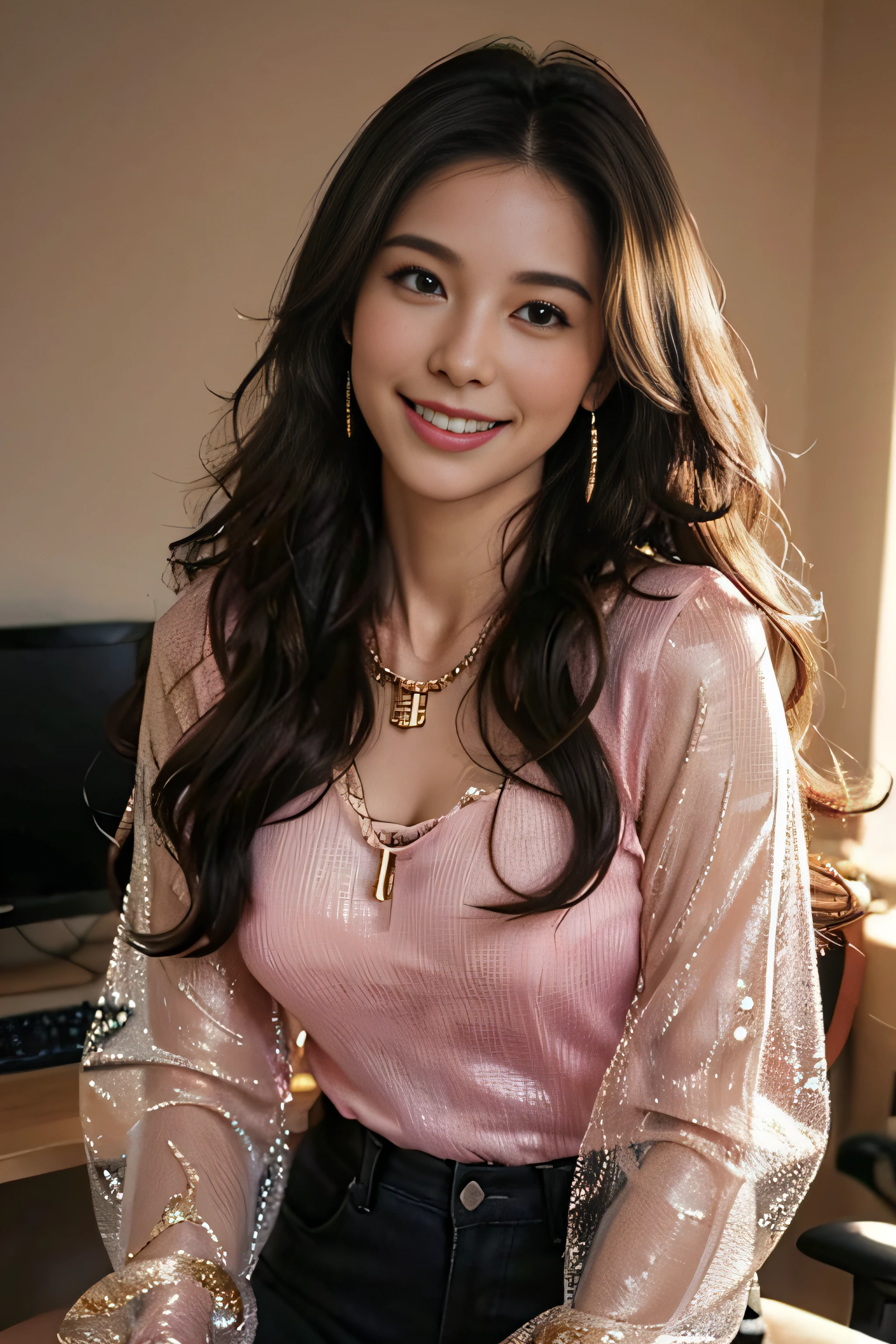 ((beautiful a girl:1.3)) ((Pink blouse＿long-sleeve＿Big Gold Necklace_see-through sleeves:1.4)),((pink miniskirt＿Big Gold Earrings:1.2)) ((In the office of the company＿Sitting in front of a computer:1.3)) ((Thin_fabric:1.4)) ((Doing work:1.3)) ((Her face is flushed:1.2)) ((Medium milk:1.2)) ((close-up:1.2)) Best Quality,masutepiece,超A high resolution,(Photorealistic:1.4),Raw photo,(Authentic skin texture:1.3),(Film grain:1.3),the panorama,Character Portrait,Very Wide Shot,Narrow waist,Cowboy Shot,(In the Dark, deepshadow, lowkey, cold light,) Night,((loose wavy hair:1.2)),((brown super long hair:1.2))Streaming Tears,,Dust,Tindall Effect,(expression),1girl in,beautiful detailed eyes and face,White Jabot,brown eyebrows super long hair:1.2)) ((Smile:1.3))