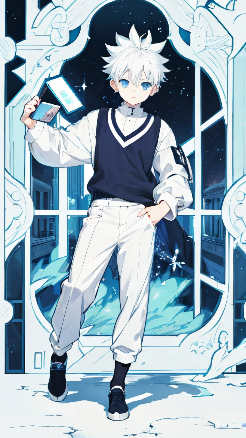 killua zoldyck anime character with white hair, blue eyes, wearing home clothes with casual pants, holding a cellphone